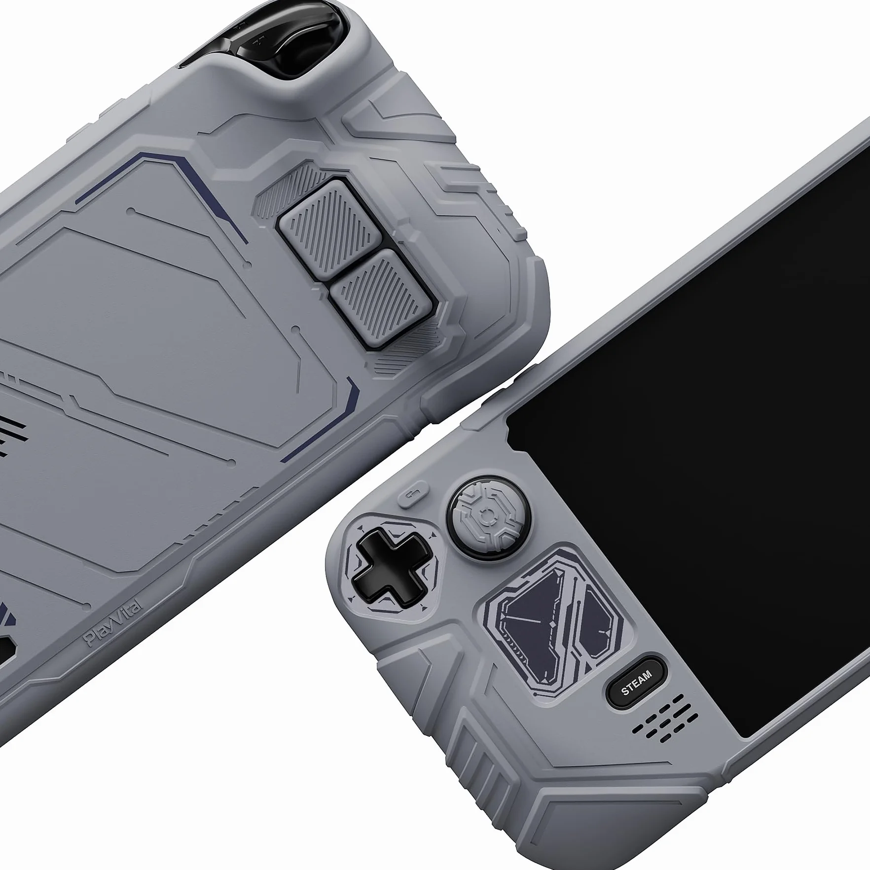 PlayVital Etui do Steam Deck OLED & LCD z Przyciskami Tylnymi & Nakładkami Joystick & Naklejkami,Silikonowy Pokrowiec do Steam Deck Akcesorium Ochronne– Szary Mécha