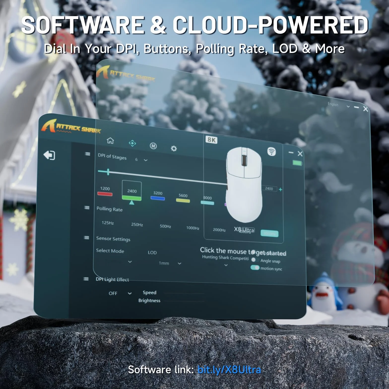 ATTACK SHARK X8 Ultra 8KHz Bezprzewodowa Mysz Gamingowa, 55g Ultralekkie, Nordic 52840, PAW3950MAX, 42KDPI, BT/2.4Ghz/USB-C, Chłodne Nano-Pokrycie, Dużych Rąk, 500mAh, Griptape, SW&Web Driver (Czarny)