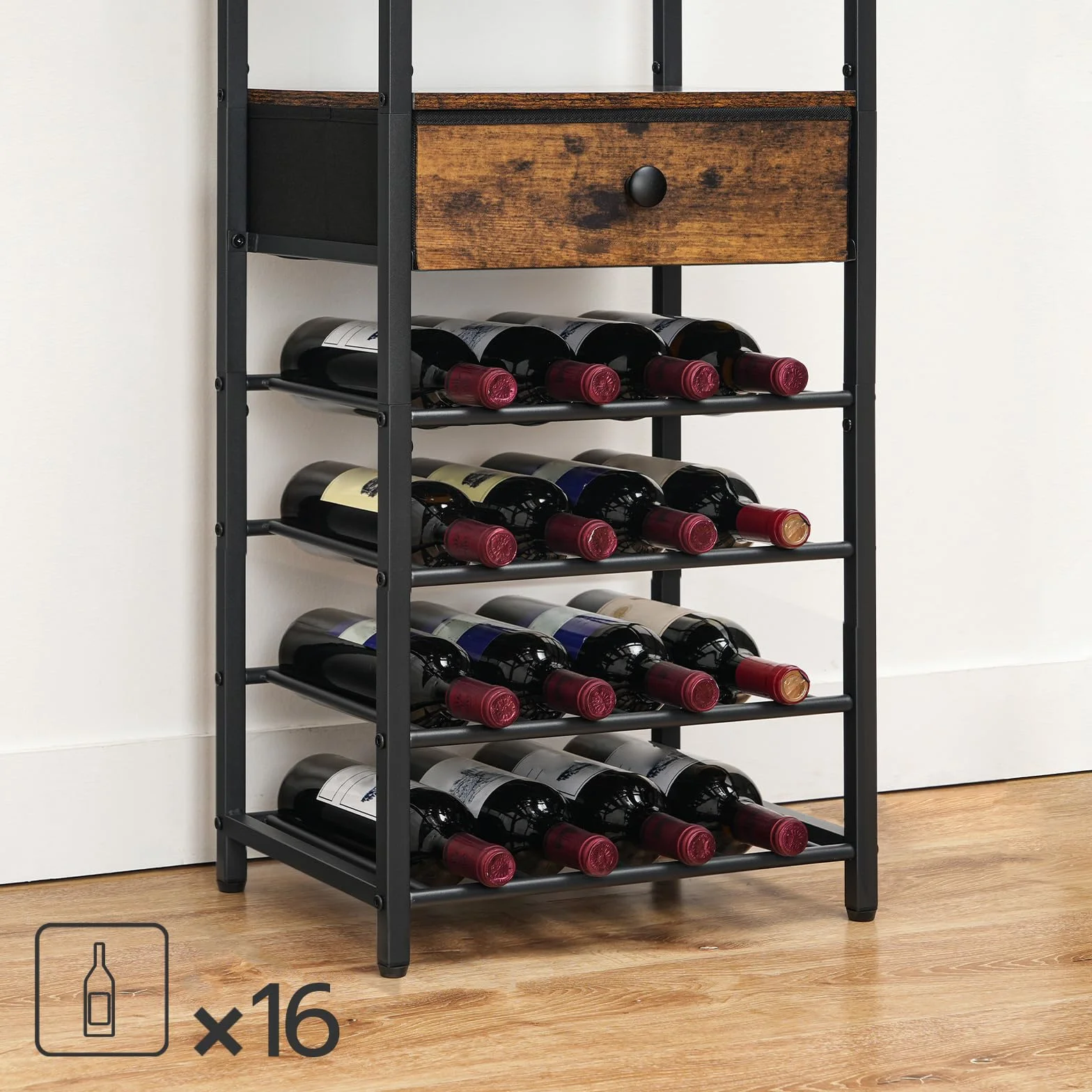 HOOBRO Regał na 16 butelek drewniany stojak na wino z szufladą 40x30x102 cm