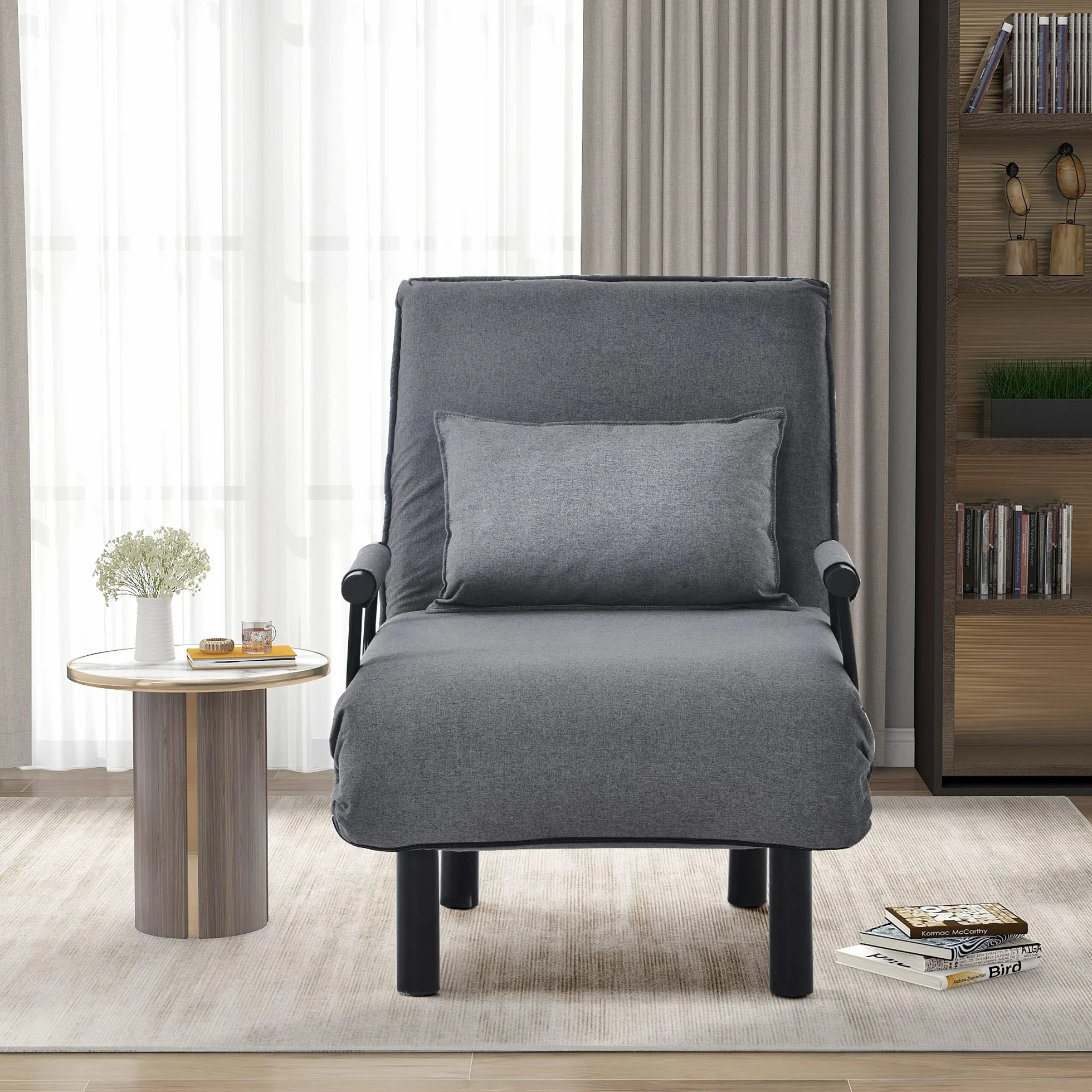 okwish 1-osobowy fotel rozkładany, składany fotel z 6-pozycyjnym regulowanym oparciem, wyściełane siedzisko z materacem i poduszką, lniany szary, 66 x 56 x 83 cm