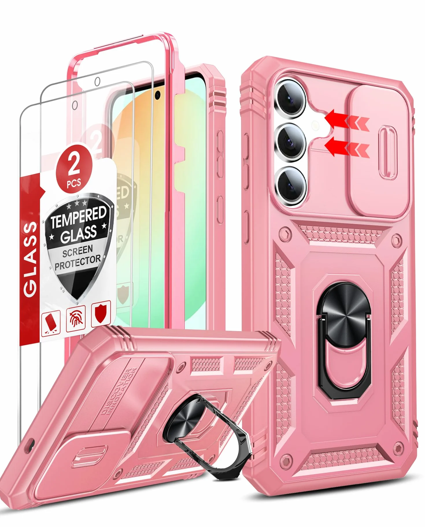 LeYi Etui do Samsung S25FE z 2 folią ze szkła hartowanego, etui do Samsung Galaxy S25 FE 5G z ochroną aparatu [Slidable] Odporny na wstrząsy pierścień 360° uchwyt TPU etui zderzak, różowe