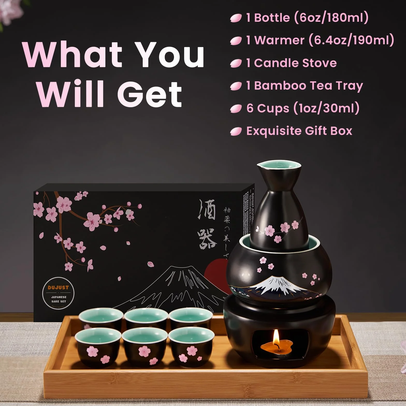 DUJUST 10-częściowy zestaw japońskich sake porcelanowy Sakura Fuji czarny