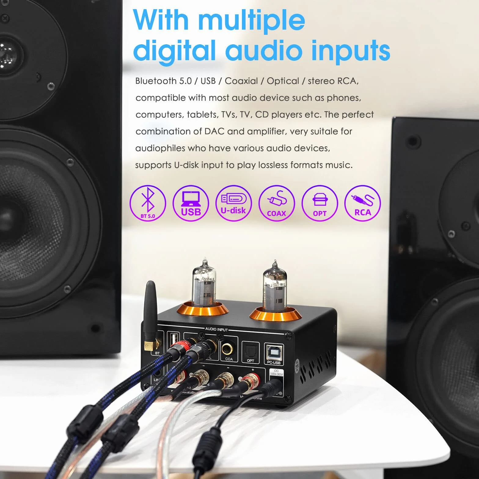 Douk Audio ST-01 PRO wzmacniacz HiFi, 200W mini wzmacniacz lampowy z Bluetooth 5.0, miernik VU, DAC USB wejście koncentryczne/optyczne (ST-01PRO)