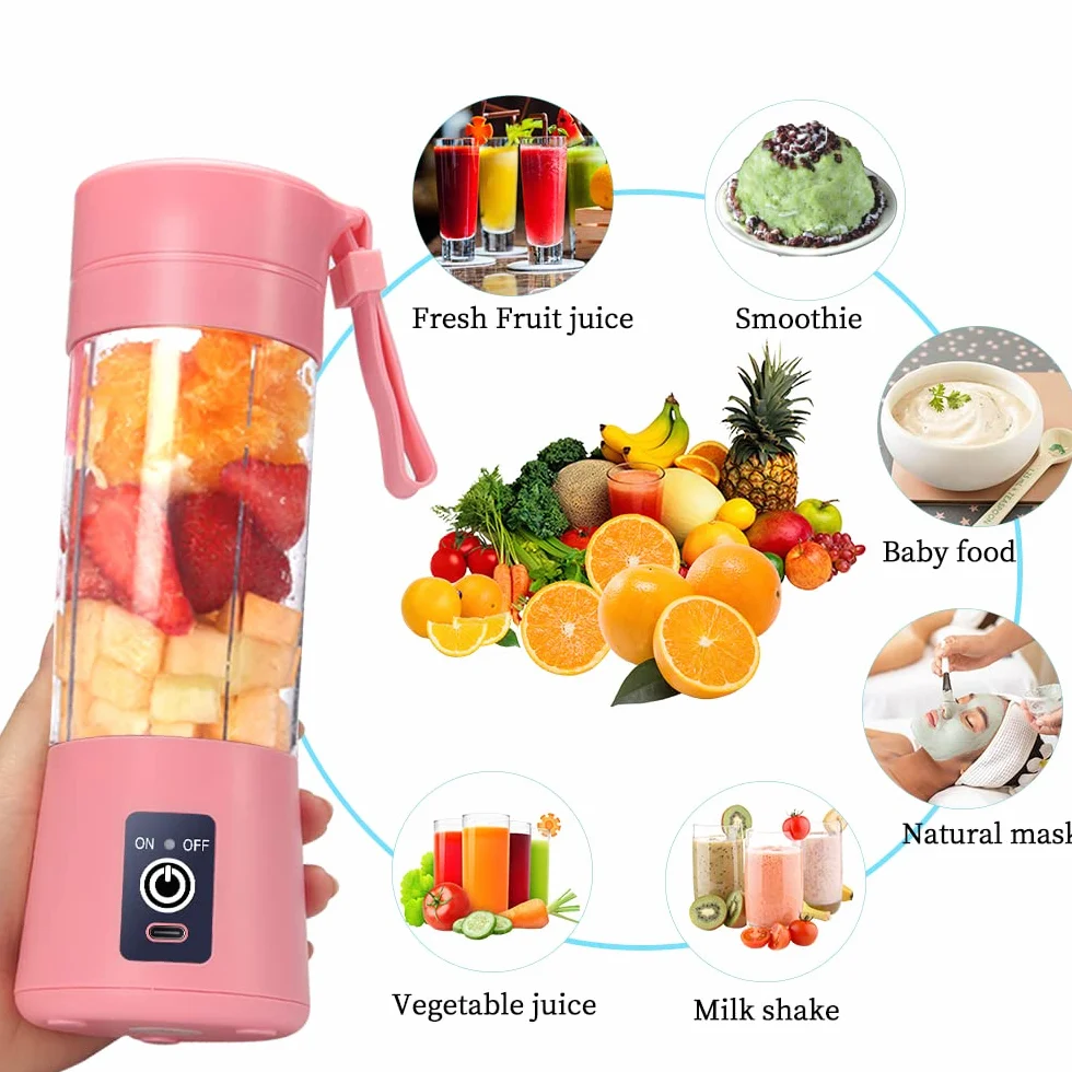 Przenośny blender, osobista wyciskarka do soku, ręczny mikser do owoców o pojemności 380 ml, ładowany przez USB, z 6 ostrzami Power Blender, podróżny, do smoothie i koktajli, różowy