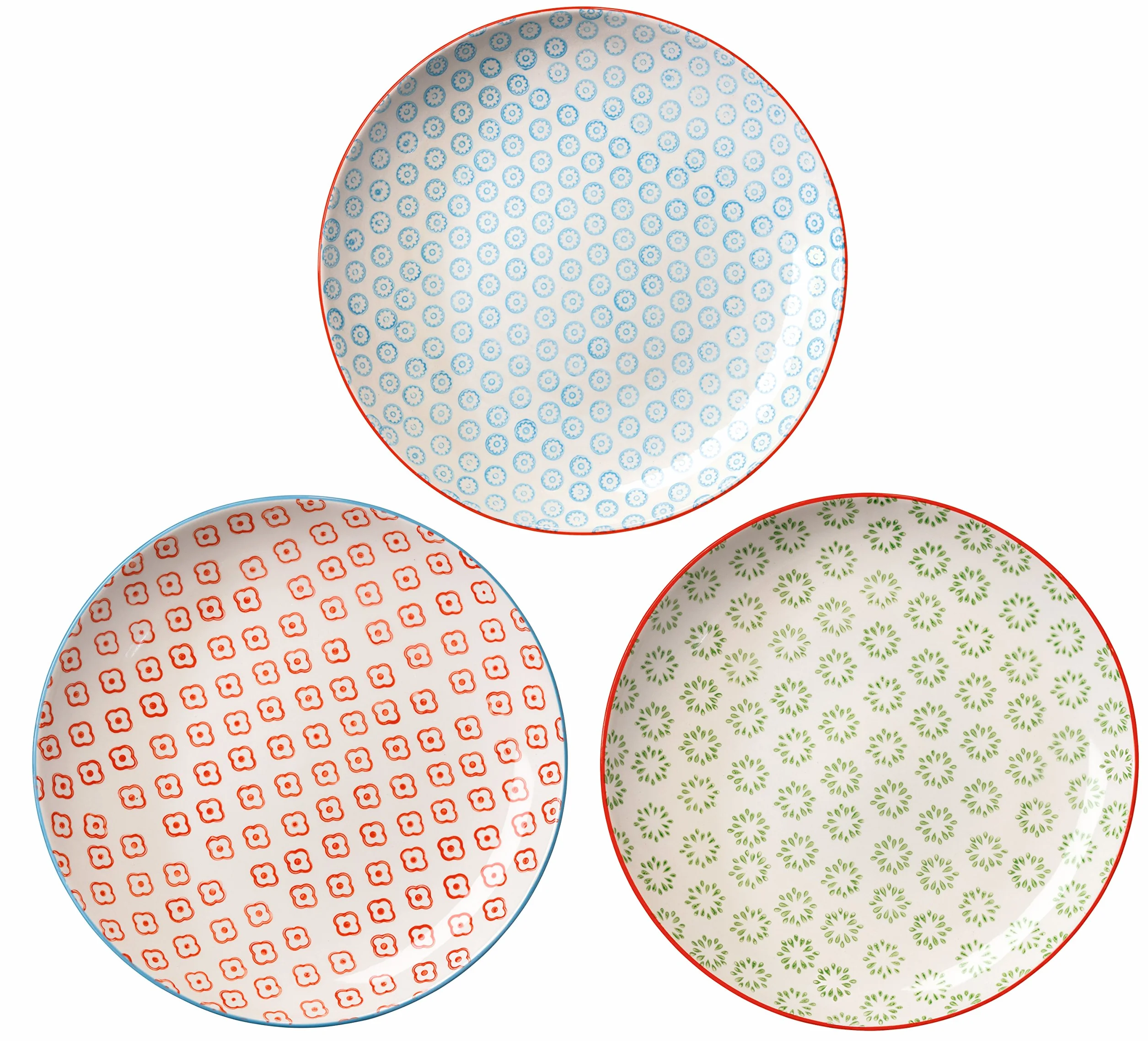 Bloomingville Ceramiczne talerze obiadowe 25 cm, zestaw 3 sztuk, Emma, kamionka, niebiesko-czerwony zielony