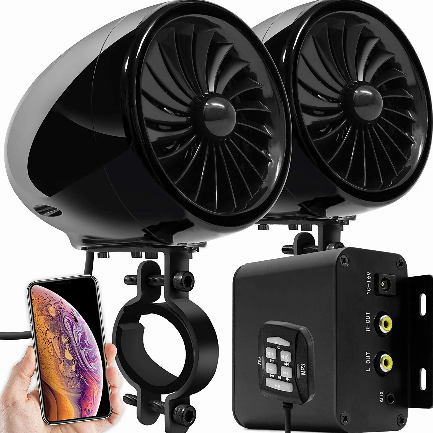 M150 Motocyklowy Wzmacniacz audio z AUX, MP3, Radio FM, 4 Cale, pełny zakres Wodoodporne głośniki stereo Bluetooth, pasuje do 1 do 1,5 w. Kierownica Motocykle ATV UTV (czarny, wentylator)