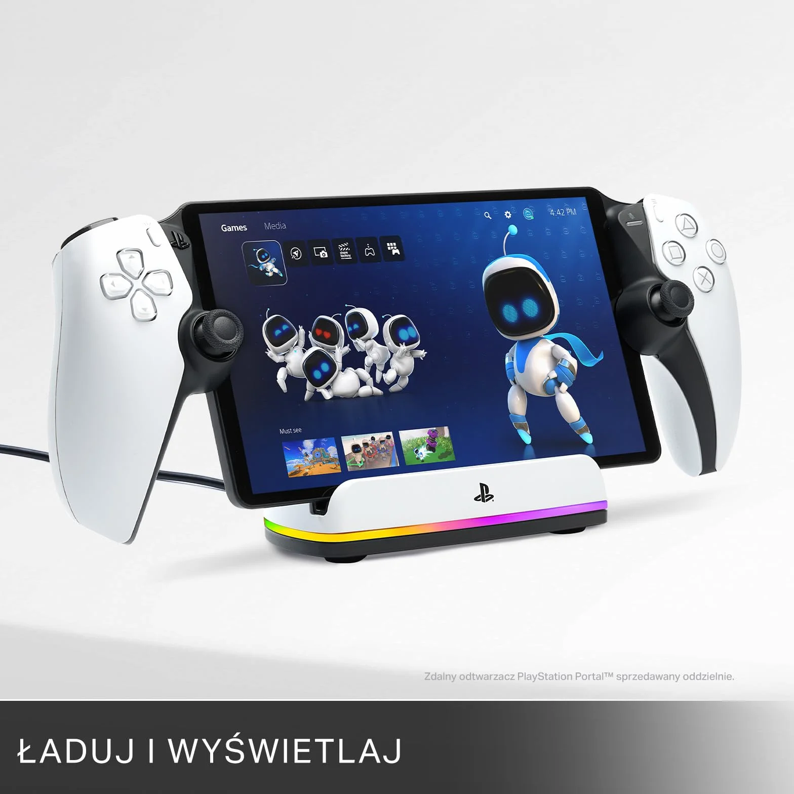 Stacja ładująca PowerA do konsoli PlayStation Portal™ Remote Player z Lumectra™, oświetlenie RGB, zasilanie USB, ładowarka magnetyczna, ładowanie i stojak, obciążona podstawa, oficjalna licencja
