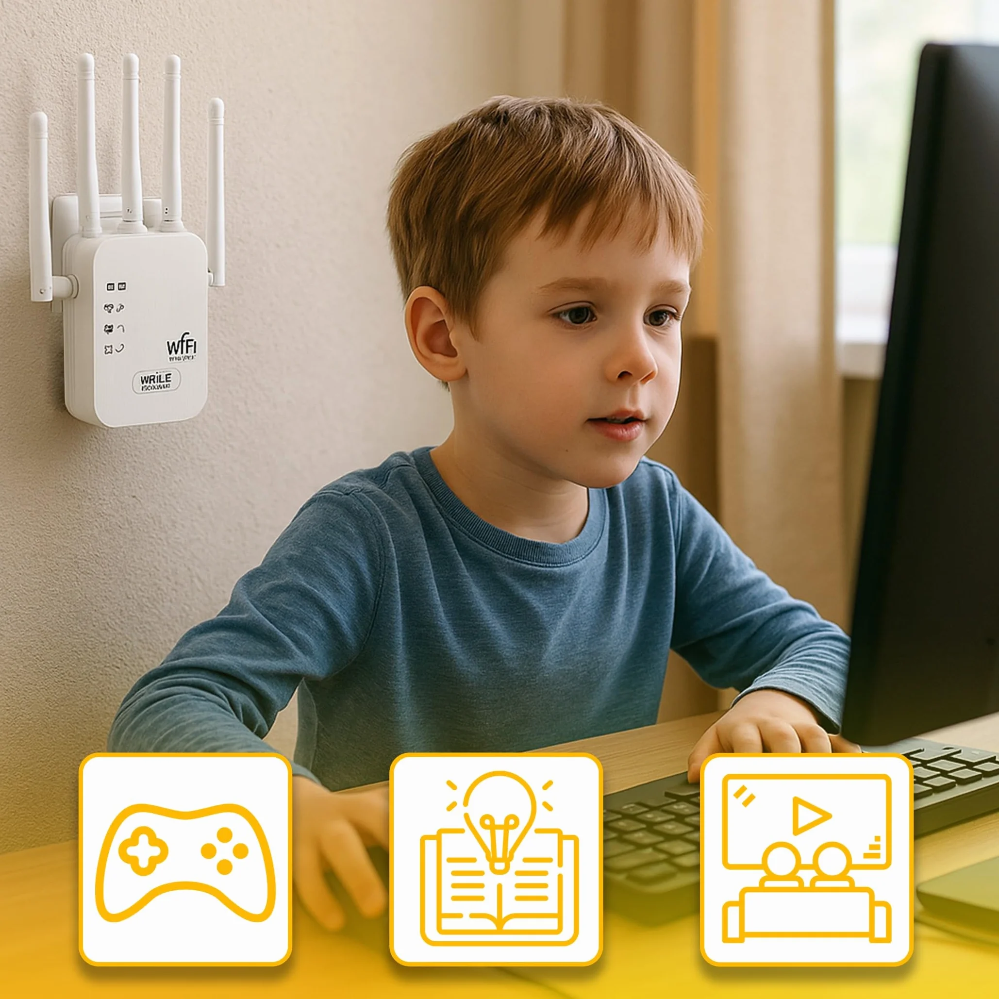 Retoo wzmacniacz sygnału Wi-Fi N 300 Mbit/s 2,4GHz 4 anteny repeater router tryb Access Point Modus WPA/WPA2 WPS funkcja EU wtyczka Biały prosty montaż dla stabilnego połączenia internetowego