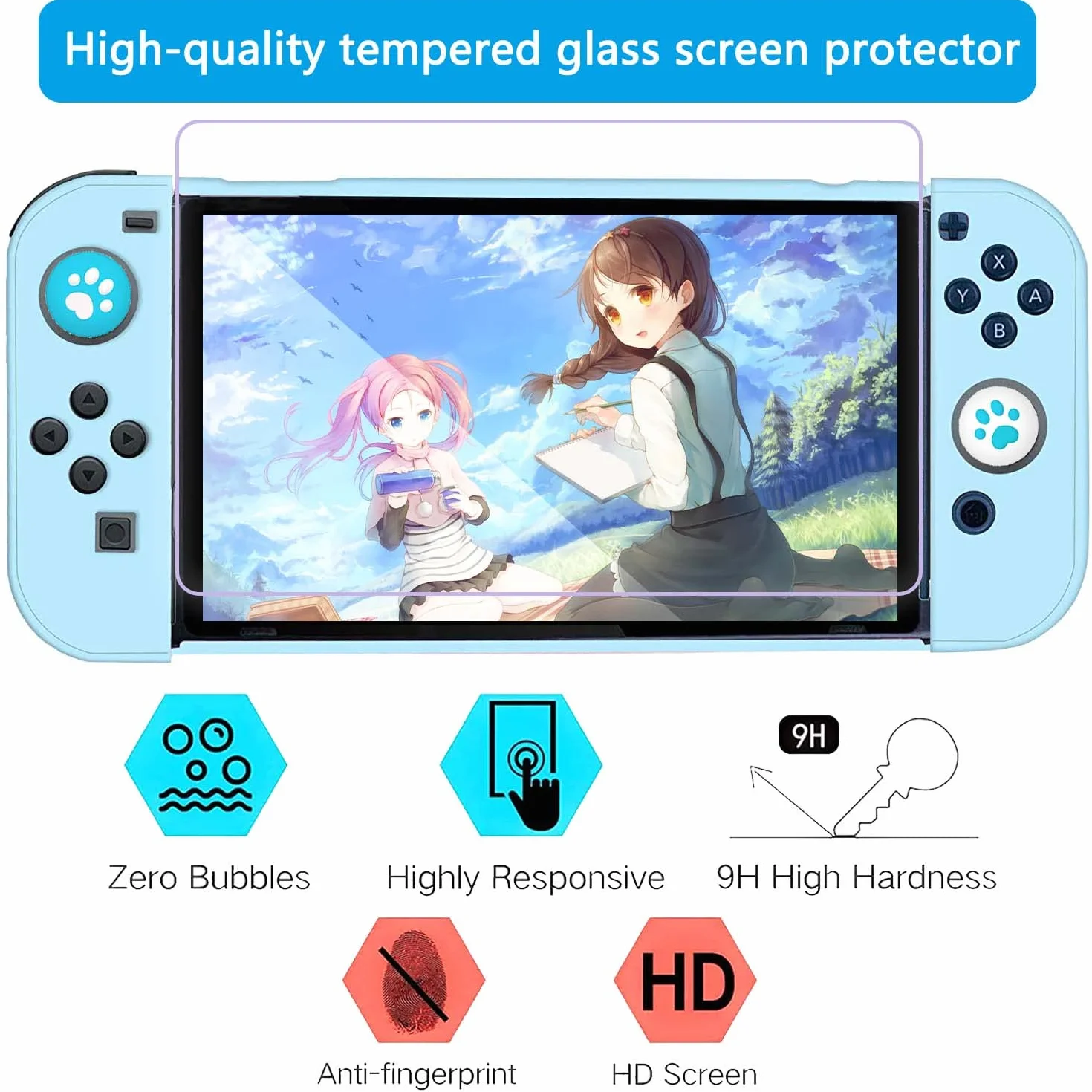 OLDZHU Etui kompatybilne z Nintendo Switch, jasnoniebieskie smukłe etui ochronne do konsoli NS i kontrolerów Joy-Con, ze szklanym ochraniaczem ekranu i 4 uchwytami na kciuk (jasnoniebieski)