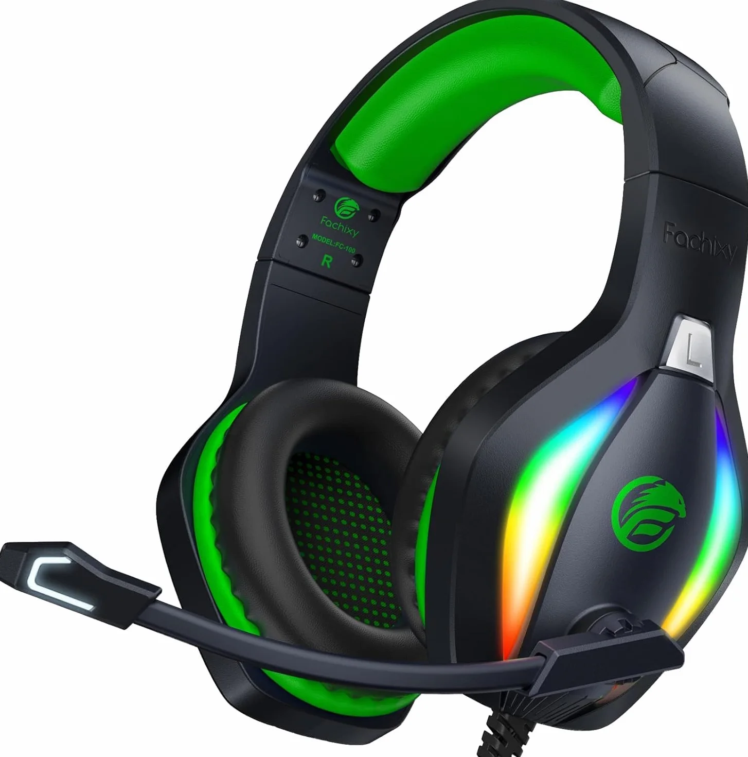 Fachixy FC100 Zestaw słuchawkowy do gier PS4/PS5/PC/Xbox/Nintendo Switch, zestaw słuchawkowy Xbox z jasnym RGB, zestaw słuchawkowy PS5 z mikrofonem, słuchawki do pisania szumów (zielony) (zielony)