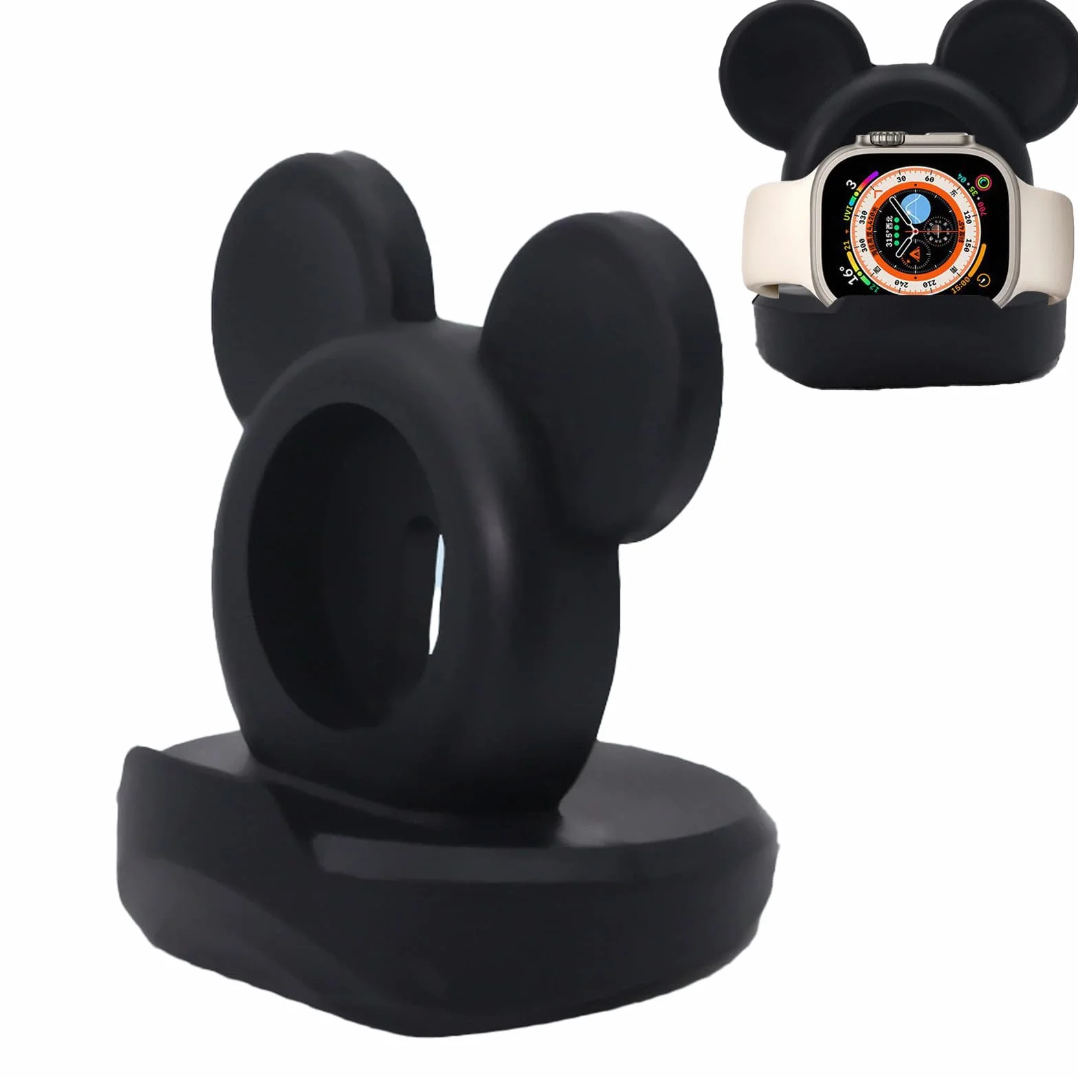 Silikonowy stojak na ładowarkę do Apple Watch, kompatybilny z Apple Watch Series Ultra2/Ultra/10/9/8/SE2/7/6/SE/5/4/3/2/1Cute iWatch Charging Dock, obsługuje stolik nocny (czarny)