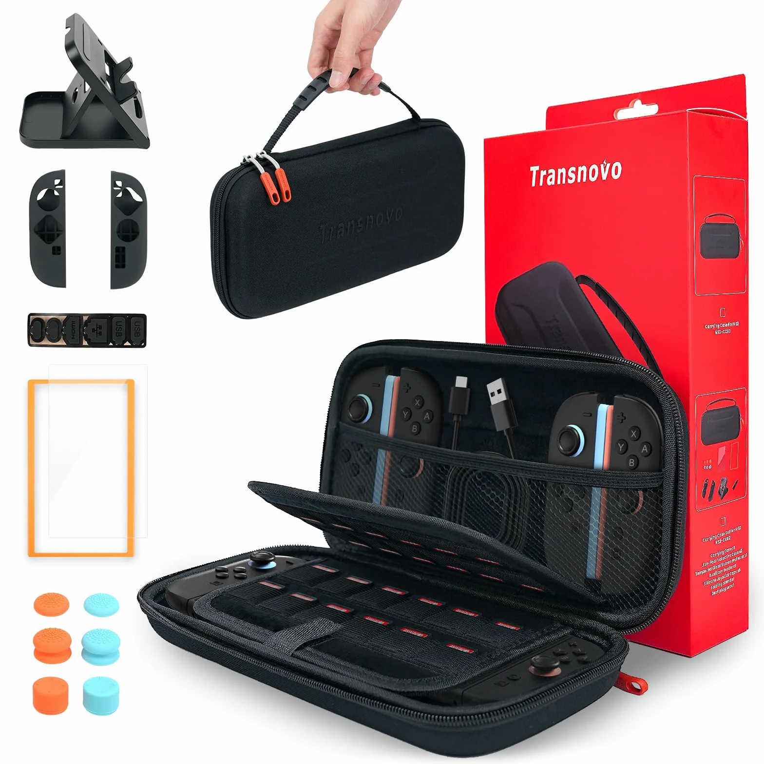 TRANSNOVO Etui do przenoszenia na Nintendo Switch 2 2025 – etui podróżne All in One Switch 2 z 24 przegródkami na karty do gier i akcesoriami do zestawu, osłona ekranu, uchwyt na kciuk, stojak, osłona