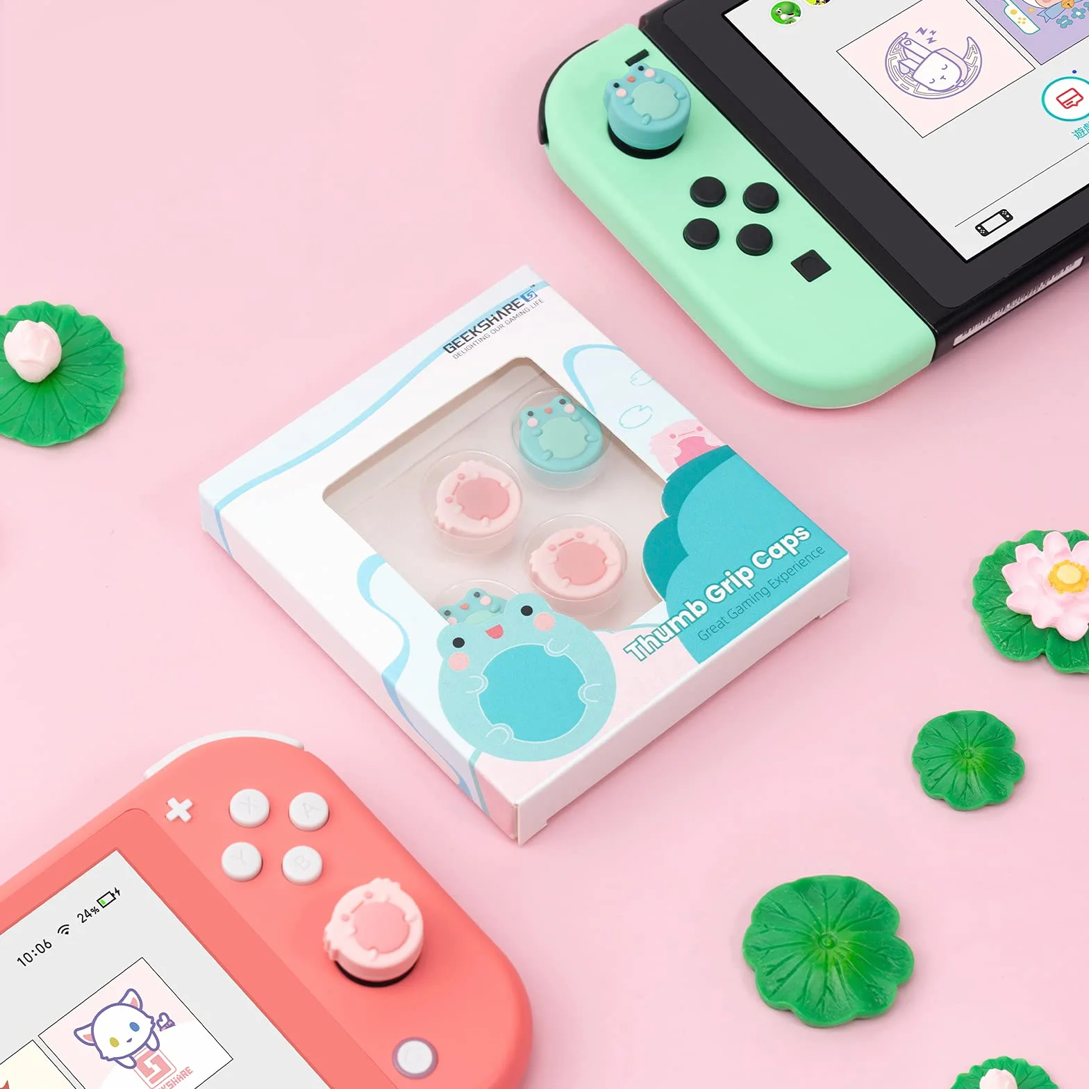 GeekShare Słodkie zwierzęce motywy Silikonowe nakładki na kciuki Joystick, kompatybilne z Switch/OLED/Switch Lite, 4 szt. - Żaba i aksolotl