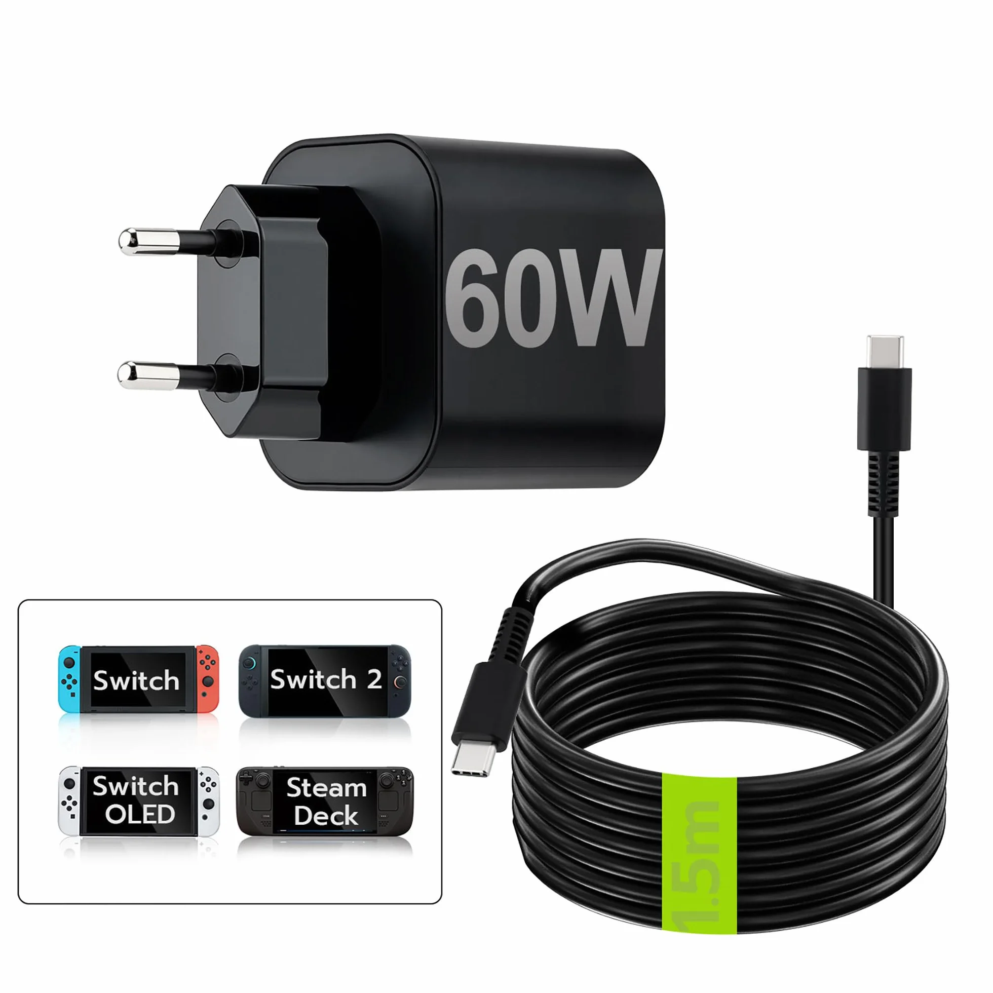 Zasilacz sieciowy do konsoli Switch 2/OLED/Lite, przełącznik ładowarki 1,5 m uchwyt do stacji dokującej TV, Steam Deck Dock i kontroler Switch Pro, szybka 60 W USB typu C, wtyczka EU