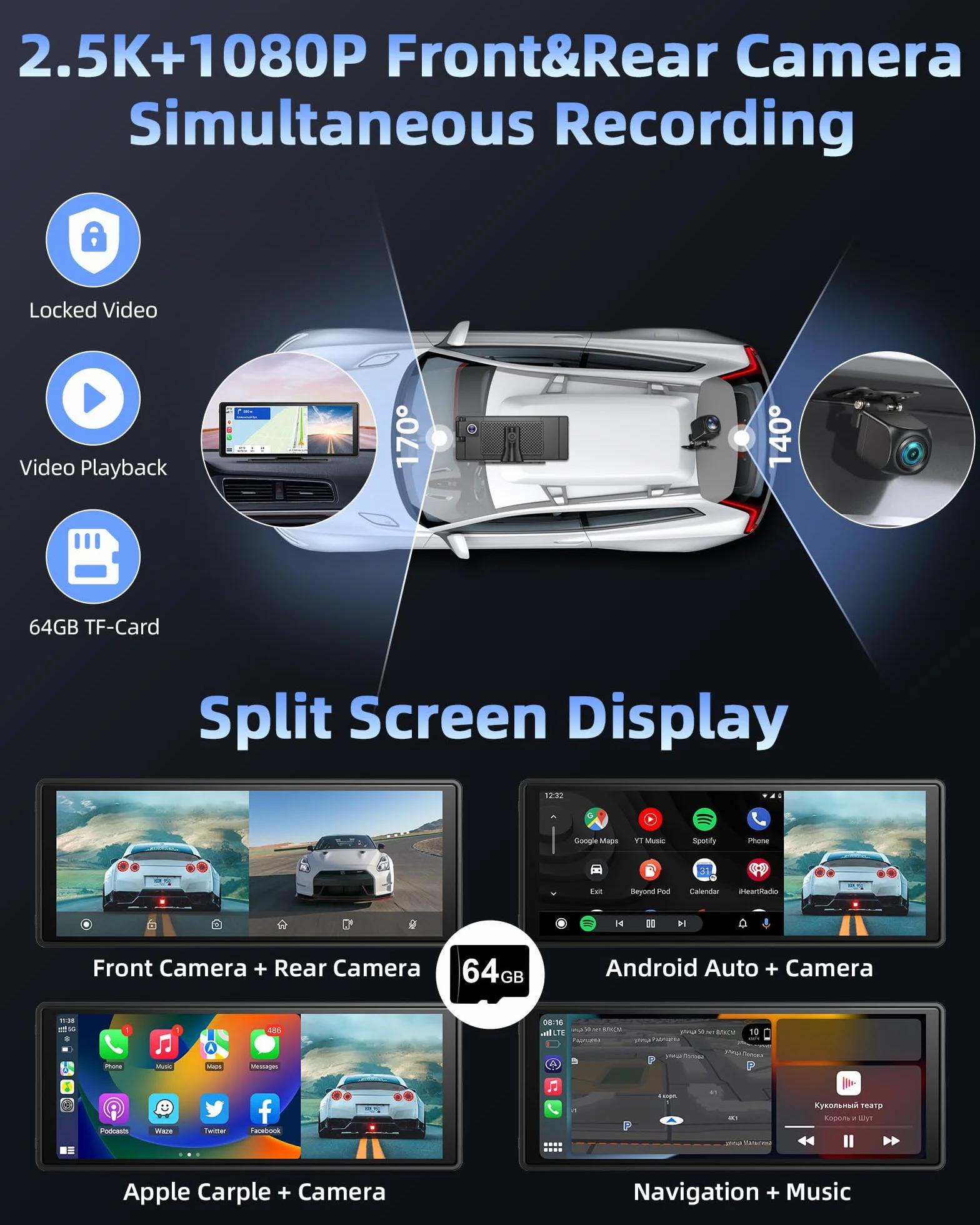 10,26-calowy wyświetlacz Apple Carplay Android Auto z regulowaną kamerą samochodową 2,5K Bezprzewodowy przedni tylny wyświetlacz Driveplay z kamerą cofania Radio samochodowe Carplay z Bluetooth 64G TF