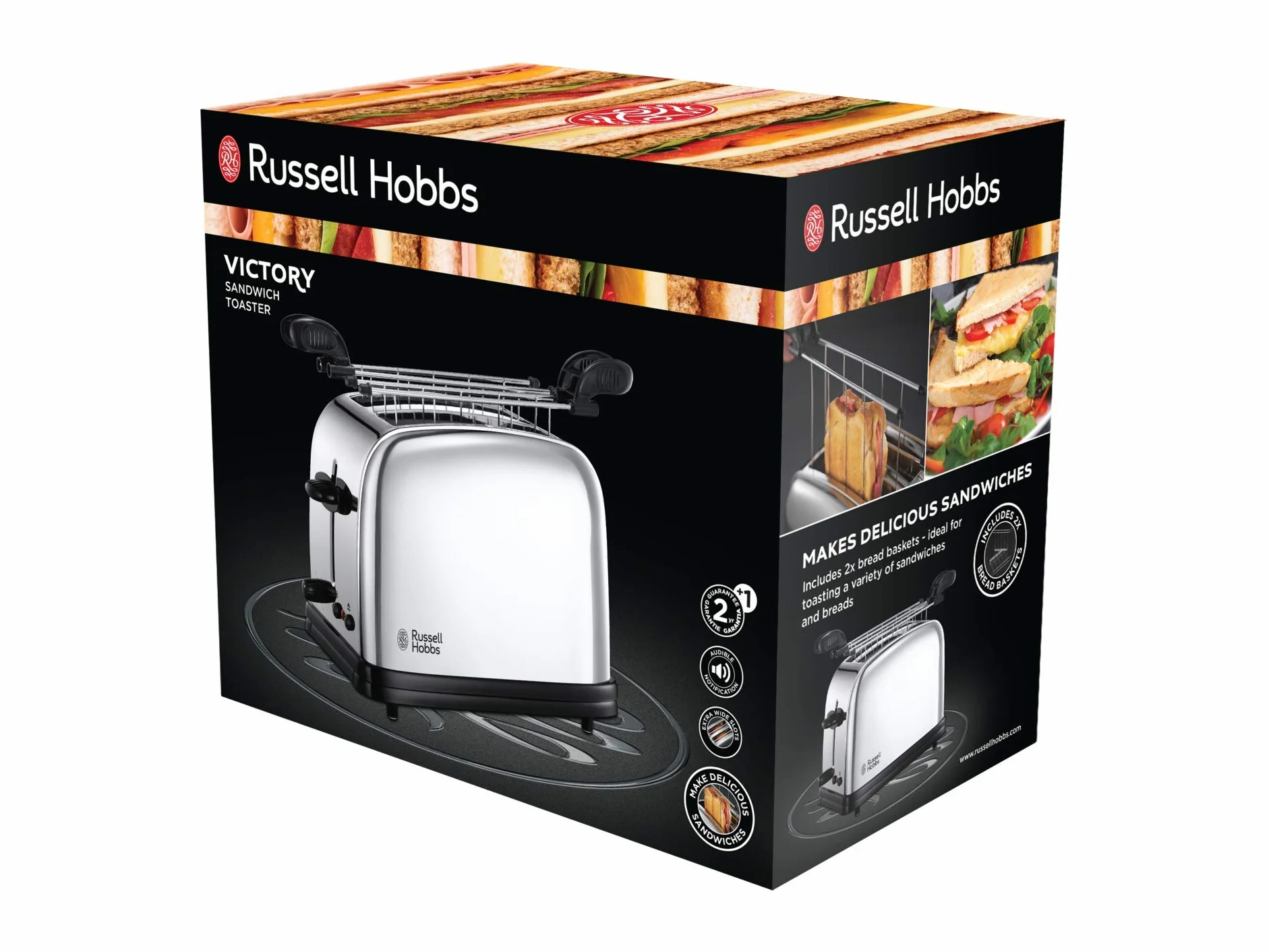 Russell Hobbs Toster 1200W Srebrny Chester 23310-57 Regulacja Stopnia Opiekania Szybkie Opiekanie Rozmrażanie Szerokie Otwory Podnoszenia Tostów Tacka na Okruchy Ruszt