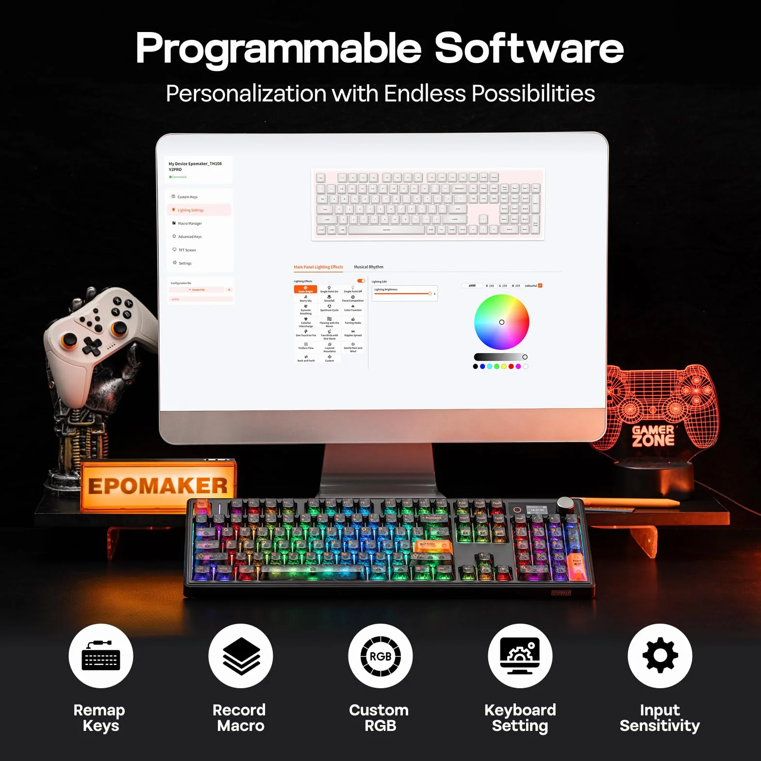 EPOMAKER TH108 V2 PRO duża klawiatura mechaniczna 10000 mAh BT 2,4 GHz PBT Mac hot swap RGB bezprzewodowa QWERTY