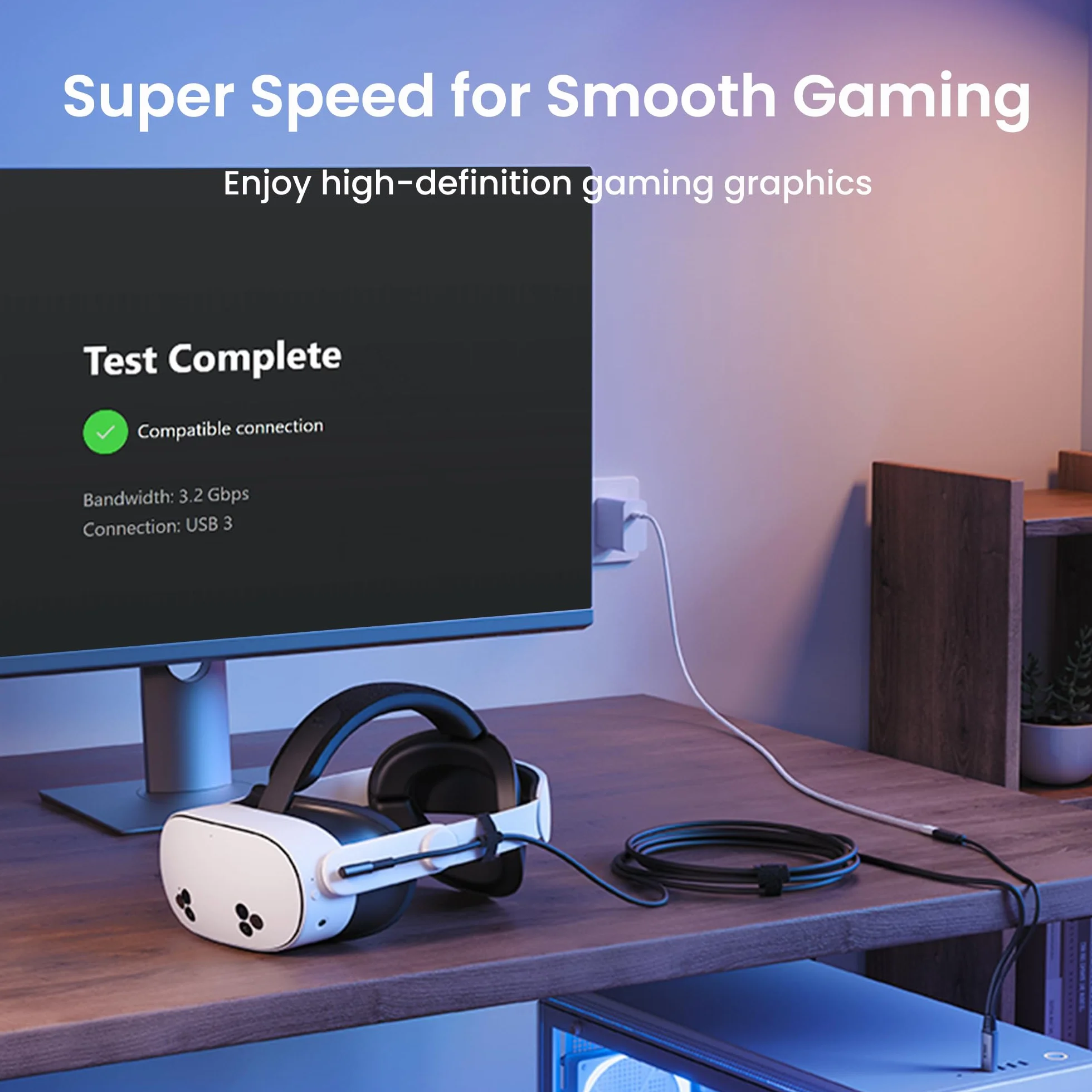 KIWI design Kabel łączący z ładowaniem 5M kompatybilny z akcesoriami Meta Quest 3s/3/2/Pro/Pico 4 i PC/SteamVR kabel łączący USB 3.0 do USB C z superprędkością 5 Gb/s do rozszerzonej rozgrywki, czarny