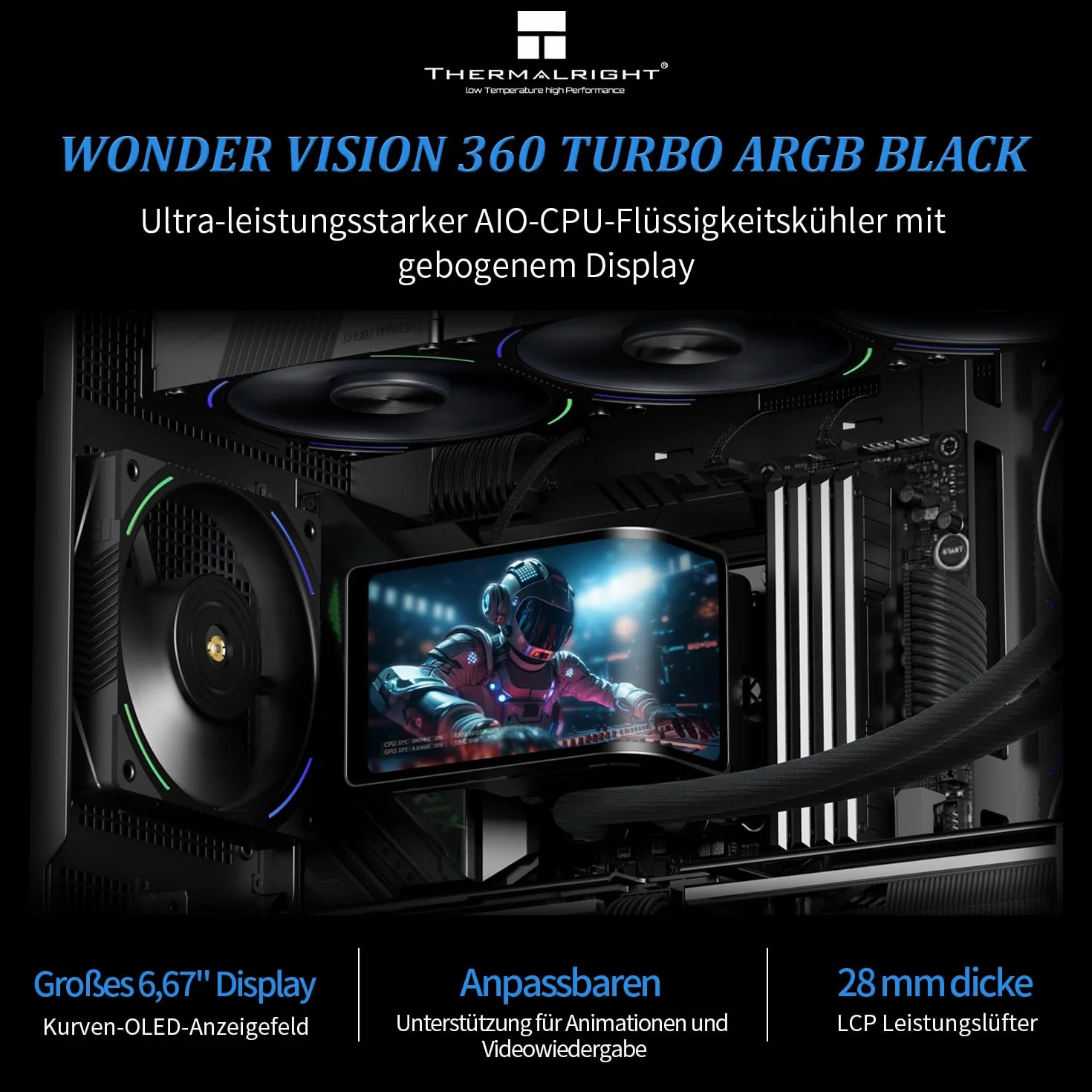 Thermalright Wonder Vision 360 TURBO ARGB czarny CPU chłodnica cieczy, do AM5/Intel LGA1851/1700, zakrzywiony ekran 3D o rozdzielczości 2400 x 1080, ekran magnetyczny, 360mm Aio