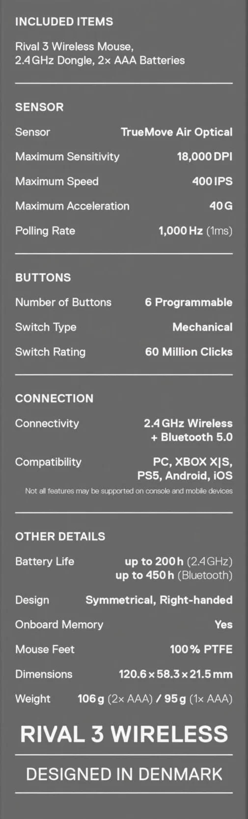 SteelSeries Rival 3 Wireless Gen 2 mysz do gier 2,4 GHz Bluetooth TrueMove Air 18000 DPI 60M kliknięć PTFE Lavendowy