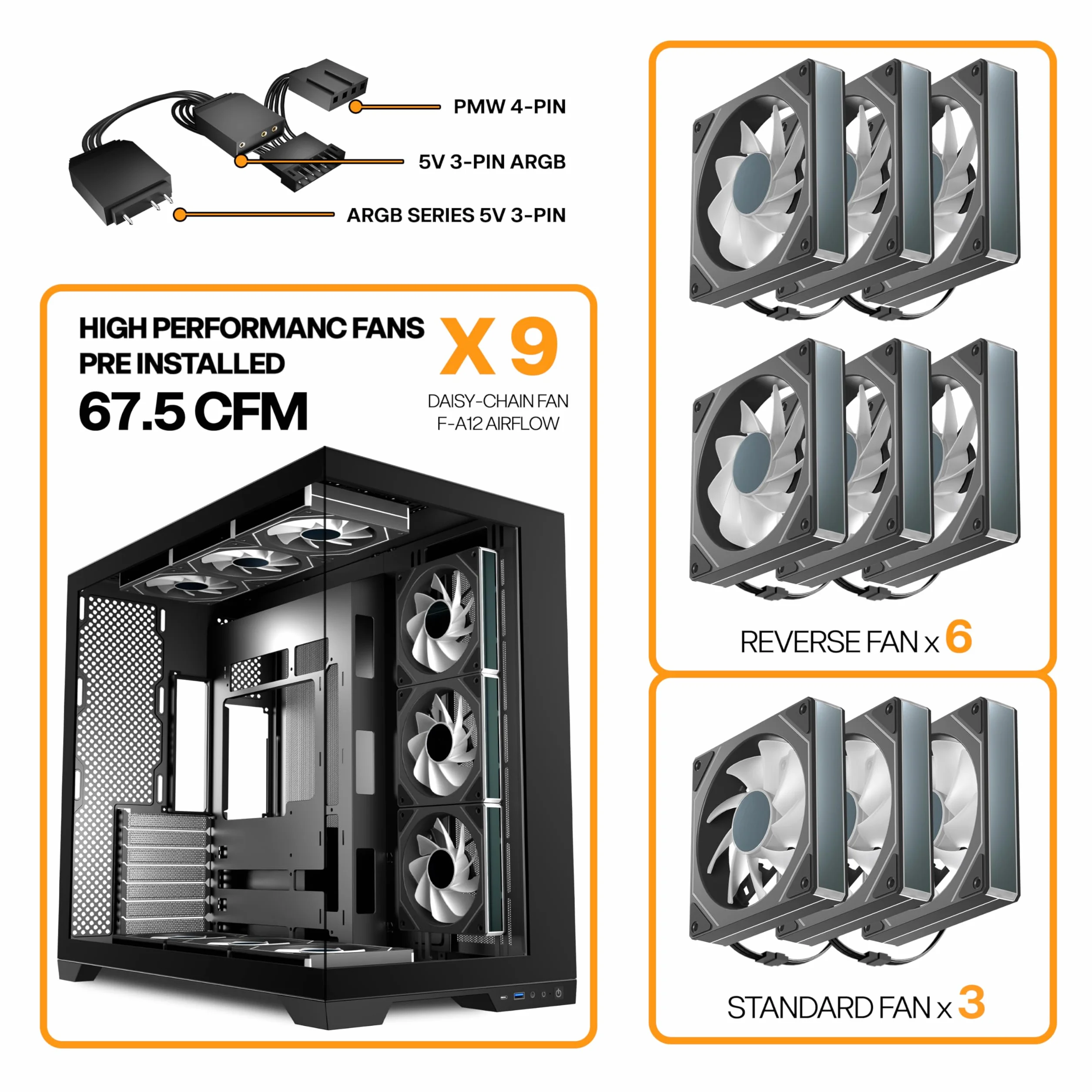 ANSAITE ATX obudowa PC 9 × 120 mm ARGB PWM, fabrycznie zainstalowany, panoramiczne szkło hartowane, czarna, obudowa komputera do gier Mid-Tower