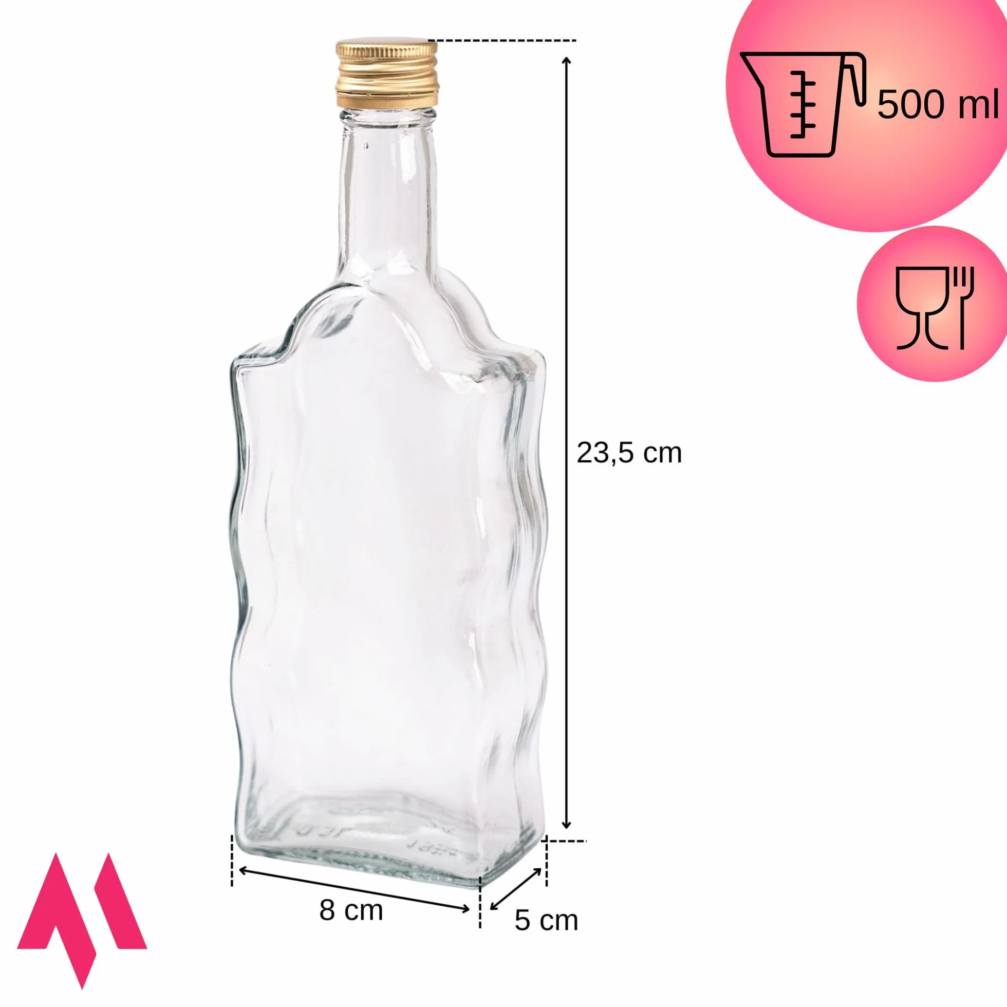 OMAGO® Zestaw 5 sztuk butelek, szklane butelki na soki, nalewki, wino, sznklane opakowanie z zakrętką, 5x, butelki, 0,5L, wysoka jakość