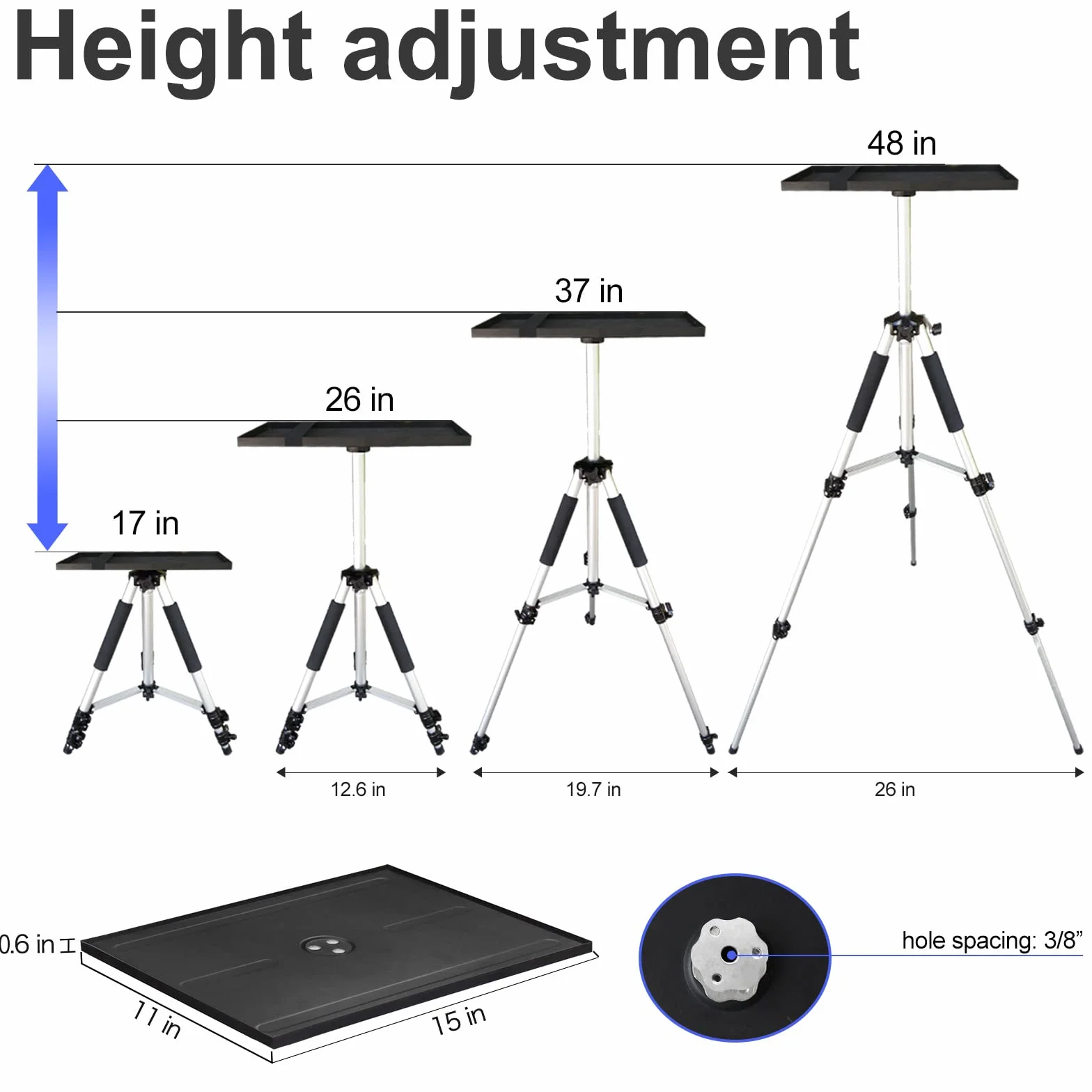 SKERELL Stojak na projektor, stojak na laptopa, wielofunkcyjny statyw ze stopu aluminium, uchwyt na sprzęt DJ-ski, regulacja wysokości od 43 do 122 cm, obciążenie 15 kg, z tacą i głowicą kulową, torba