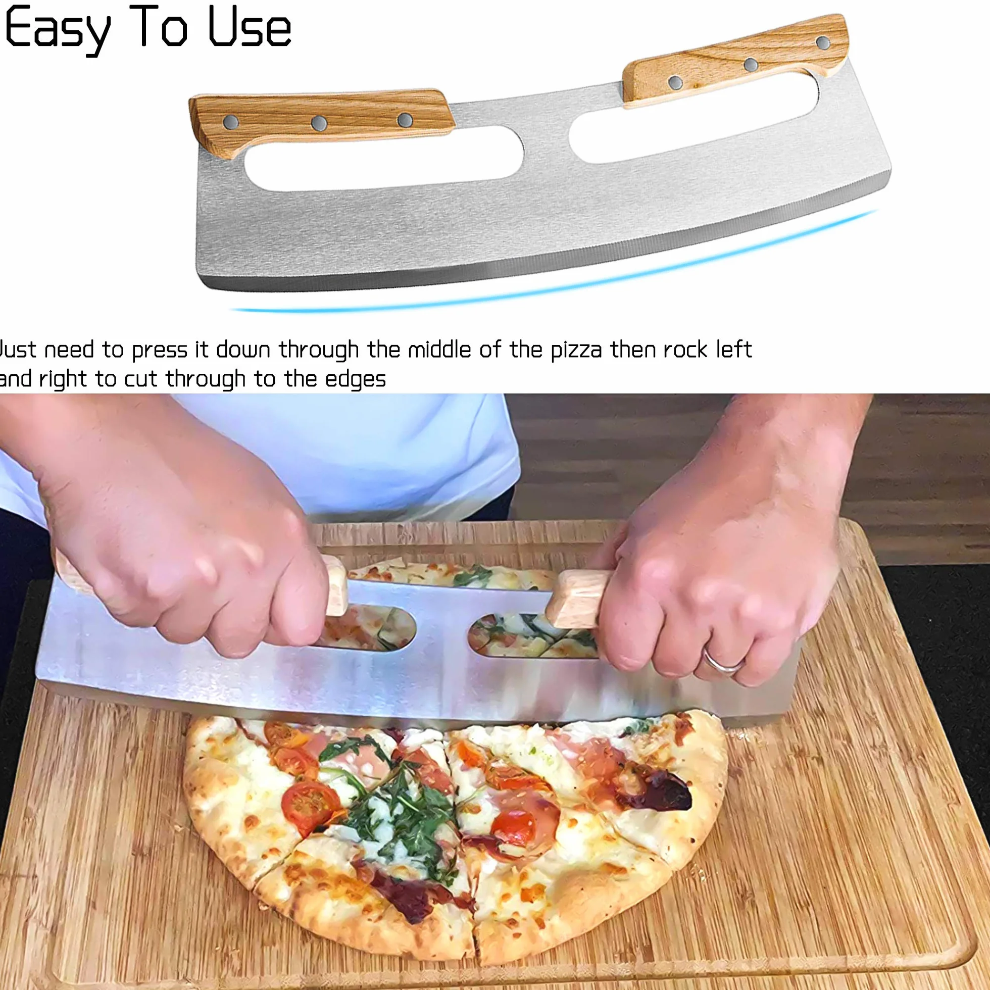 Nóż do pizzy bujany ze stali nierdzewnej 35cm z drewnianą rączką i pokrowcem ochronnym