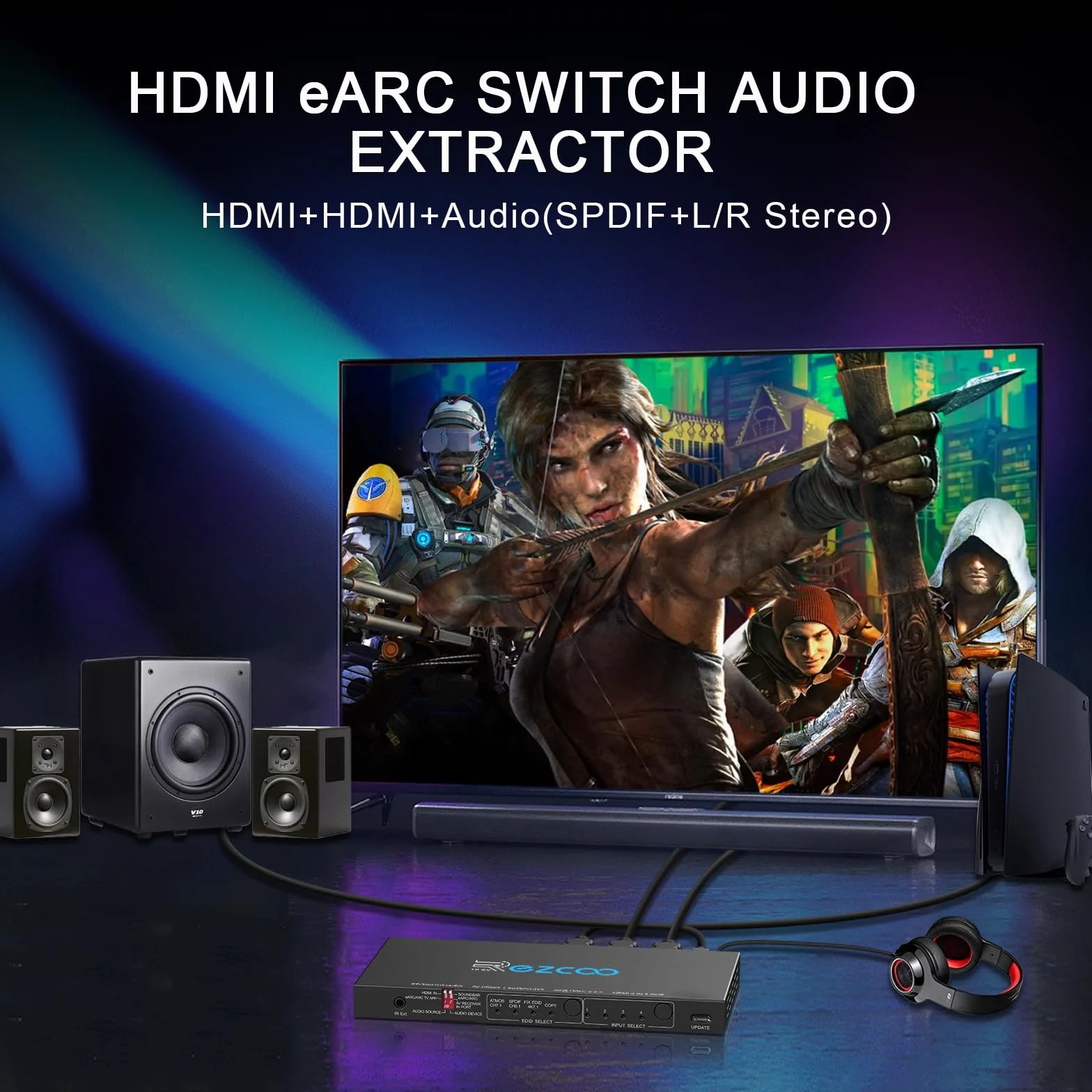 Przełącznik HDMI 2.1 eARC 4K 120 Hz 4x1 Wyciąg audio VRR ALLM HDCP2.3 ARC HDR10 Optyczne SPDIF i wyjście audio 3,5 mm Przełącznik HDMI 4 IN 1 OUT IR Pilot Dolby Digital EDID dla PS5 XBOX NVIDIA AM