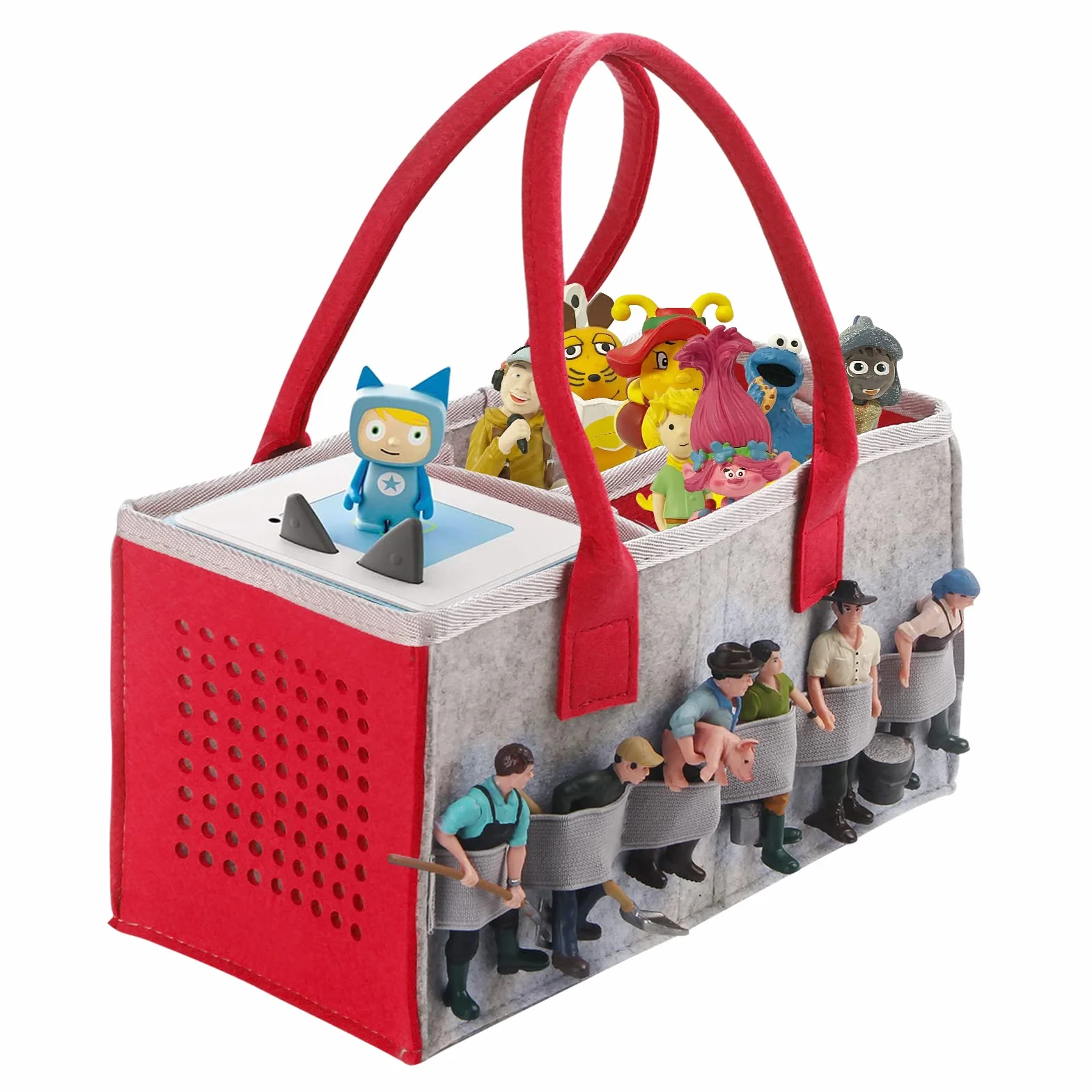 Chedin Tonie Toniebox Akcesoria Organizer Pokrowców Ochronnych z Przechowywaniem Figurek dużo miejsca Torba na Toniebox Zestaw Startowy i Figurki Tonies Torba do Noszenia (Szary + Czerwony)