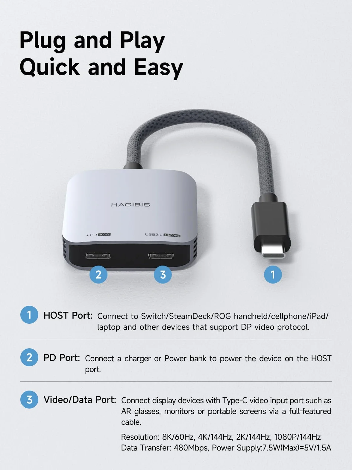 Hagibis Adapter do okularów AR USB-C 8K@60Hz 4K@144Hz 100W PD Power & Play dla XREAL Viture Rokid Steam Deck ROG Ally Switch iPhone 16 15 Pro Max