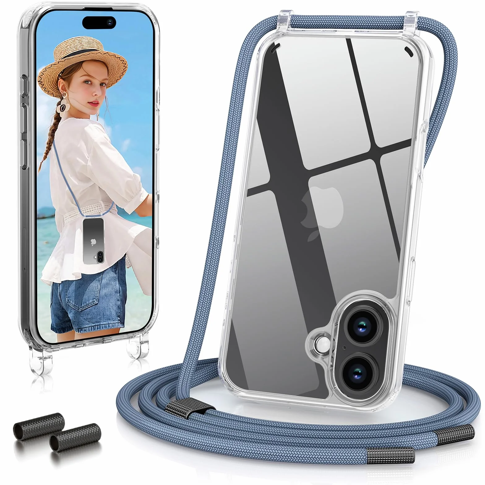GOODVISH Łańcuszek na telefon komórkowy do iPhone 17 z paskiem, chroniący aparat i ekran, etui na telefon z łańcuszkiem, przezroczywe etui z paskiem do zawieszenia, 6.3", niebieskie