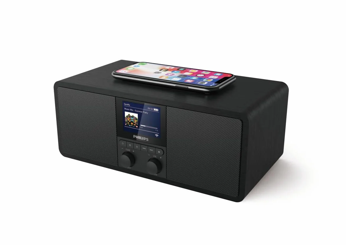 Philips Audio Radio internetowe R8805/10 DAB+ radio ze złączem Spotify (Bluetooth, minutnik snu, podwójny alarm, podkładka ładująca Qi do telefonu komórkowego, USB) czarny