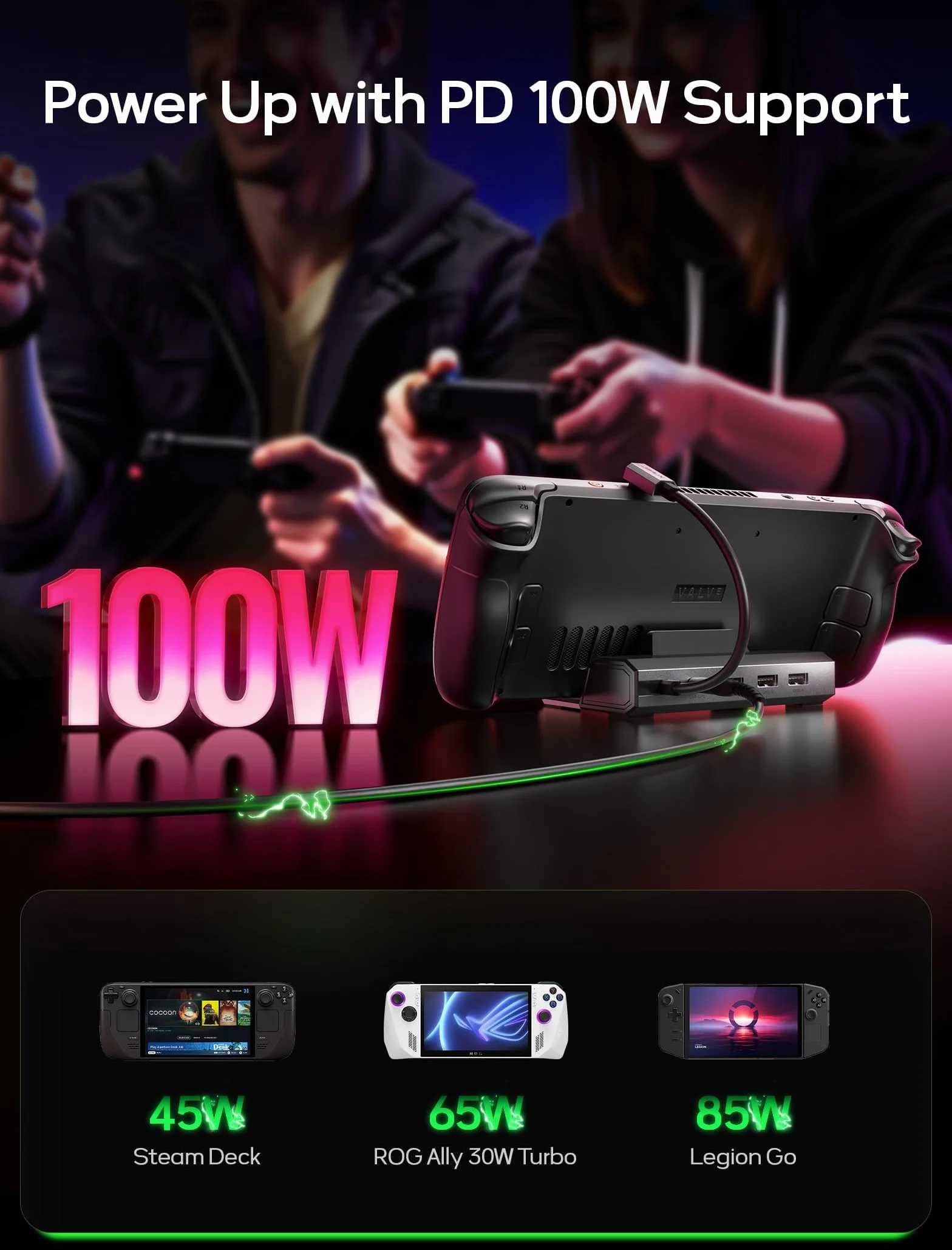 JSAUX Stacja dokująca 5 w 1 45 W HDMI 2.0 4K 60 Hz Ethernet 100 Mb/s USB A 2.0 USB C 100 W do Steam Deck ROG Ally