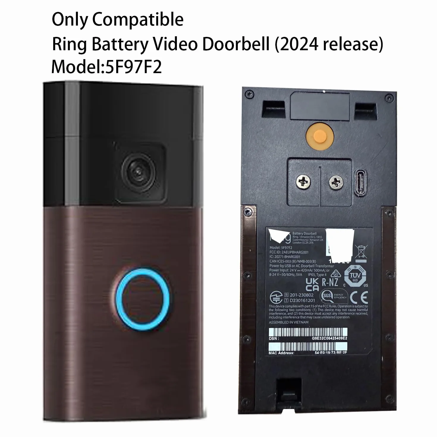 Ładowarka solarna kompatybilna z dzwonkiem do drzwi Ring Battery, port USB-C Video Doorbell, wersja 2024, czarna