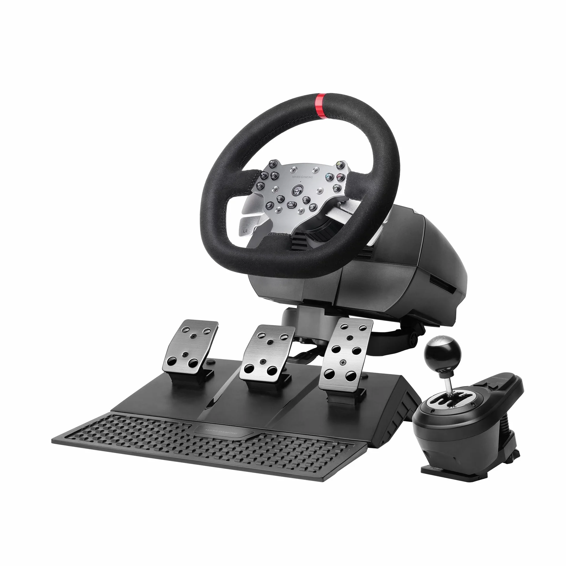 Mars Gaming MWH-RSX, Kierownica SimRacing z Force Feedback i Podwójnym Silnikiem, 3 Pedałów z Progresywnym Oporem, Dźwignia H- Shift i 12 Biegówi, 14 Konfigurowalnych Przycisków, Wieloplatformowa