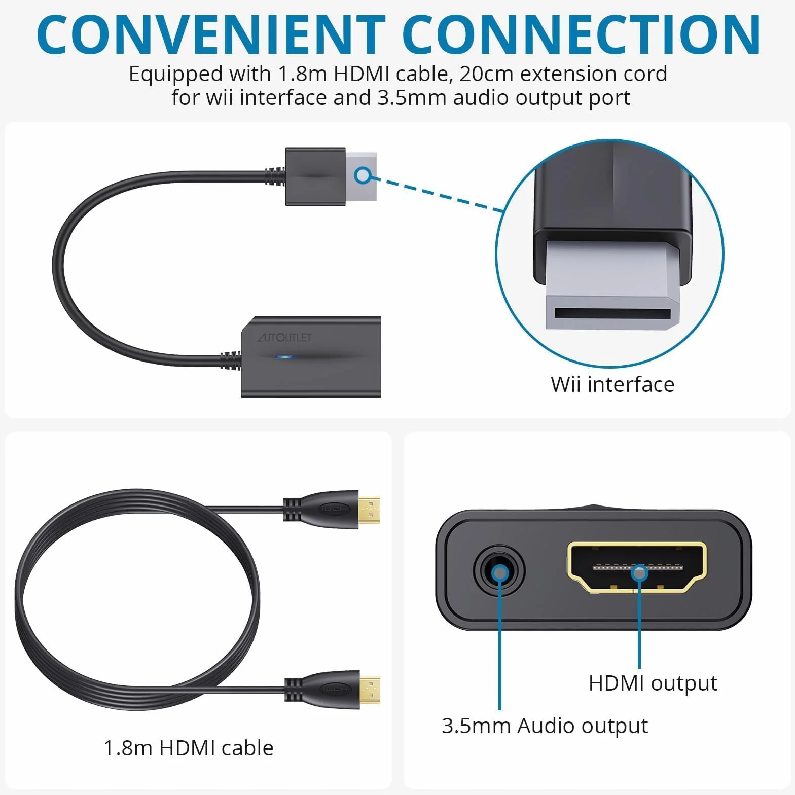 AUTOUTLET Adapter na HDMI, 1080P/720P Full HD z wyjściem 3,5 mm i kablem HDMI 1,8 m do Nintendo Wii, Wii U, monitora, projektora TV (czarny)