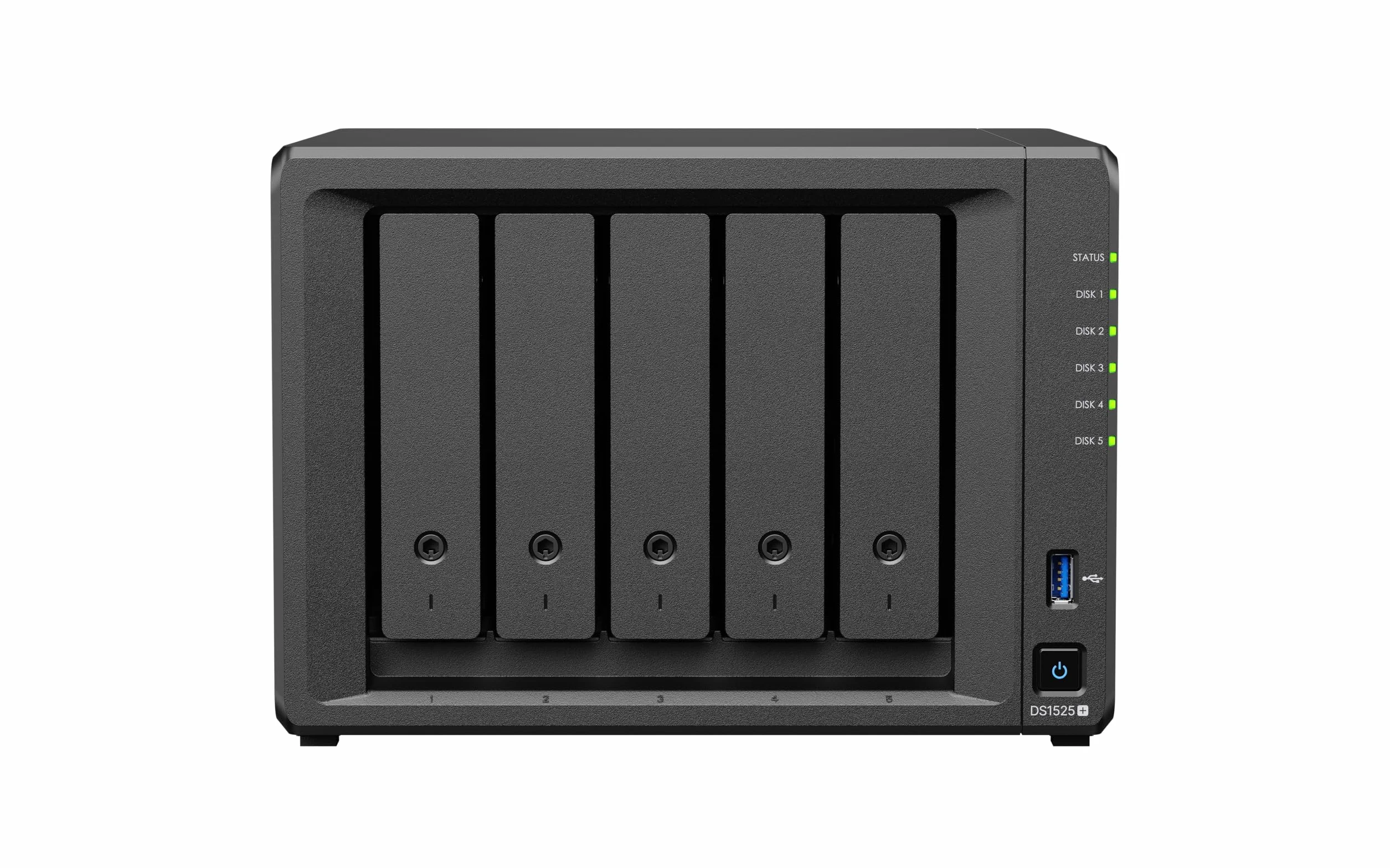 Synology Rozszerzalny zestaw NAS z 5 wnękami, DS1525+ AMD RyzenCPU z pamięcią 8 GB, użytkownicy standardowi 2,5 GbE, autoryzowany sprzedawca krajowy, Field Lake, obsługa telefonu, DiskStation