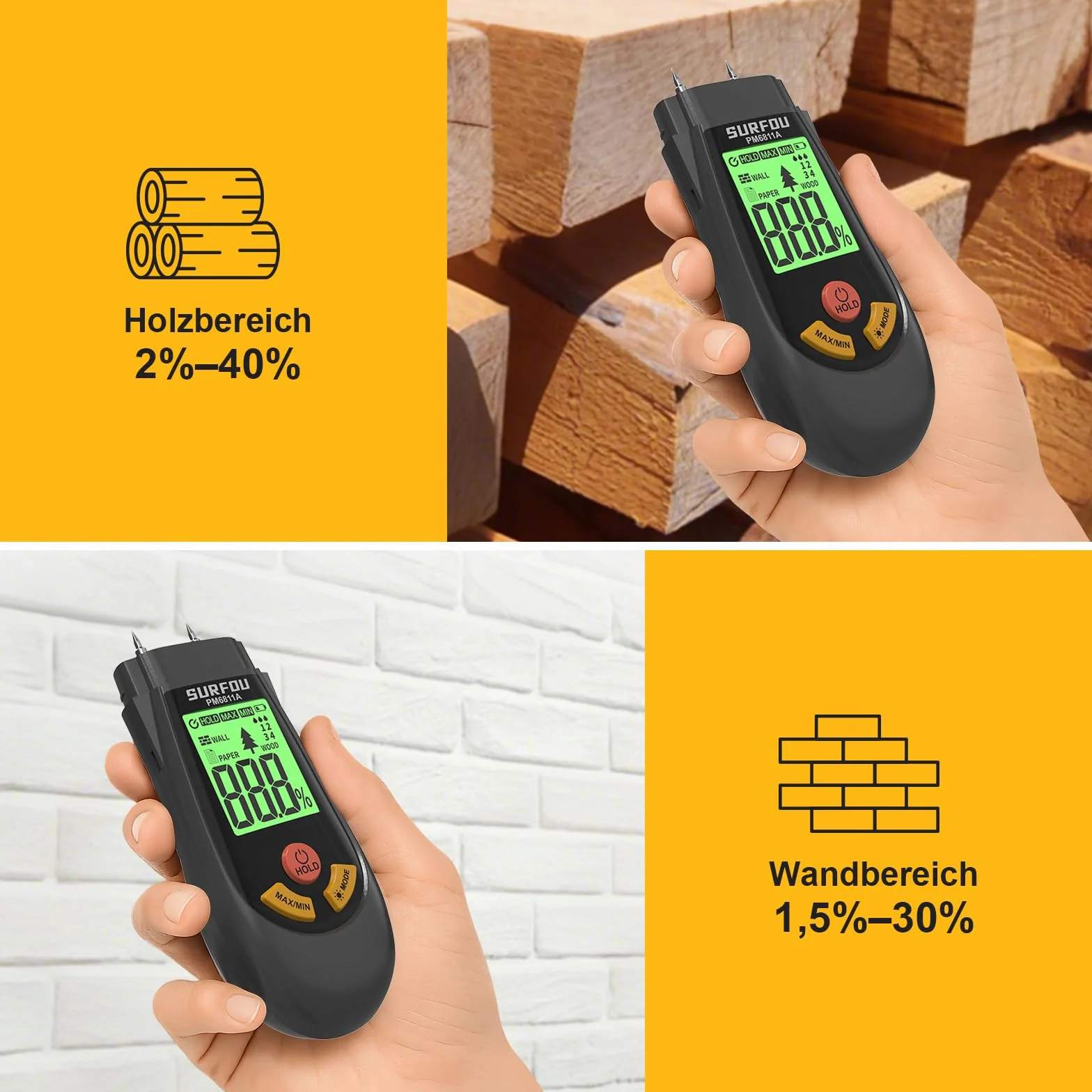 SURFOU Cyfrowy Higrometr Miernik Wilgotności 3 Tryby LED 3-Kolorowy Alarm