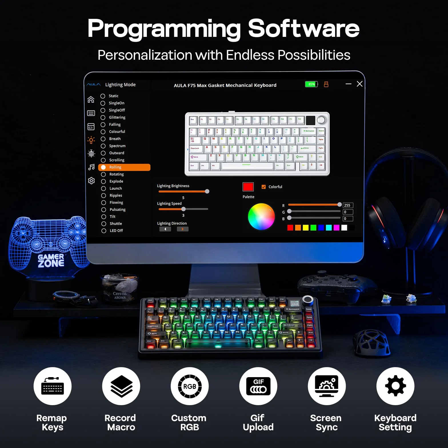 EPOMAKER Aula F75 MAX Bezprzewodowa mechaniczna klawiatura do gier 75% TFT pokrętło czarny matowy Reaper