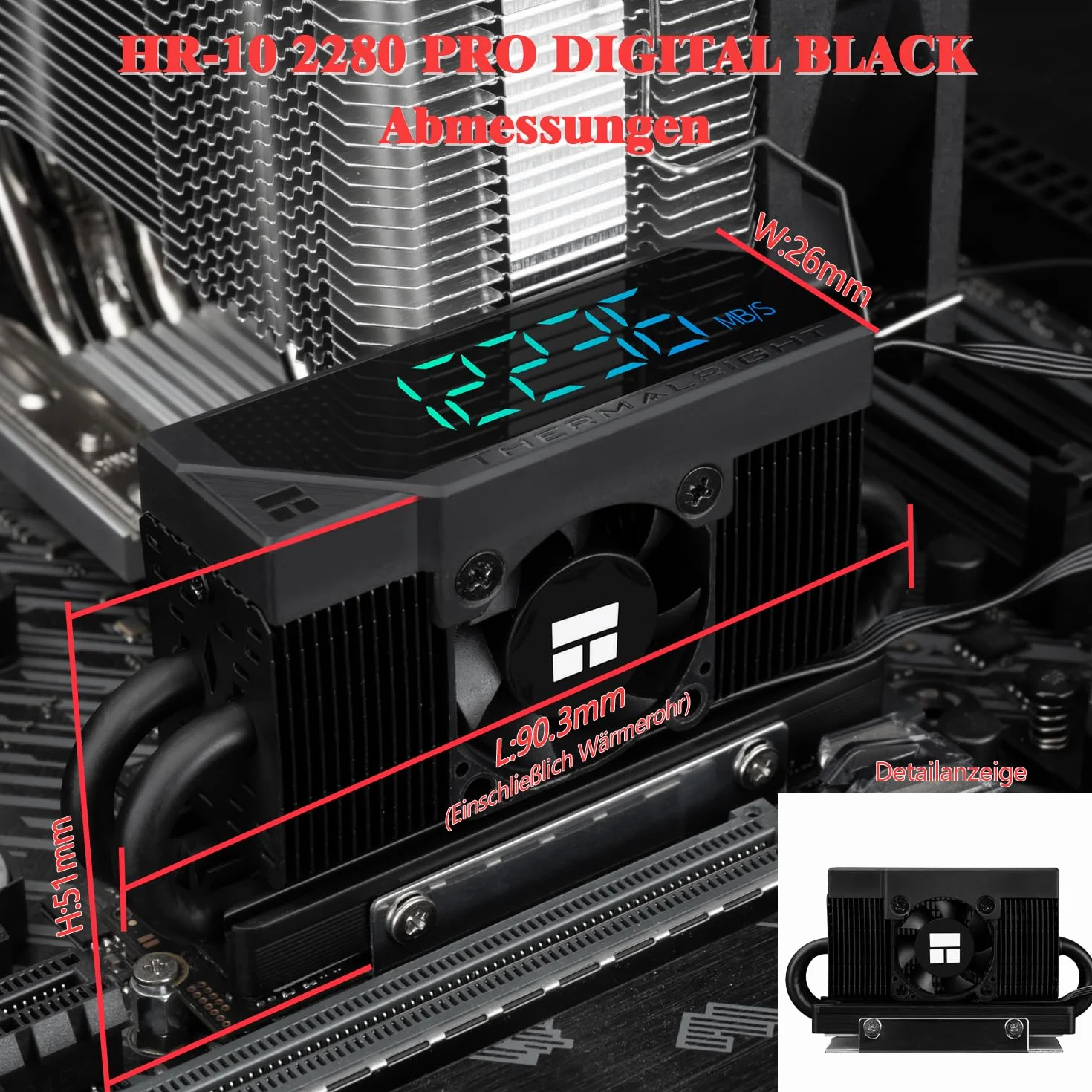 TR - HR10 2280 Pro Digital Black – dostosowane do specyfikacji 2280 M.2 Solid State Drive – idealne dopasowanie i doskonała wydajność chłodzenia, duża prędkość -30 mm - wentylator 6500 obr./min