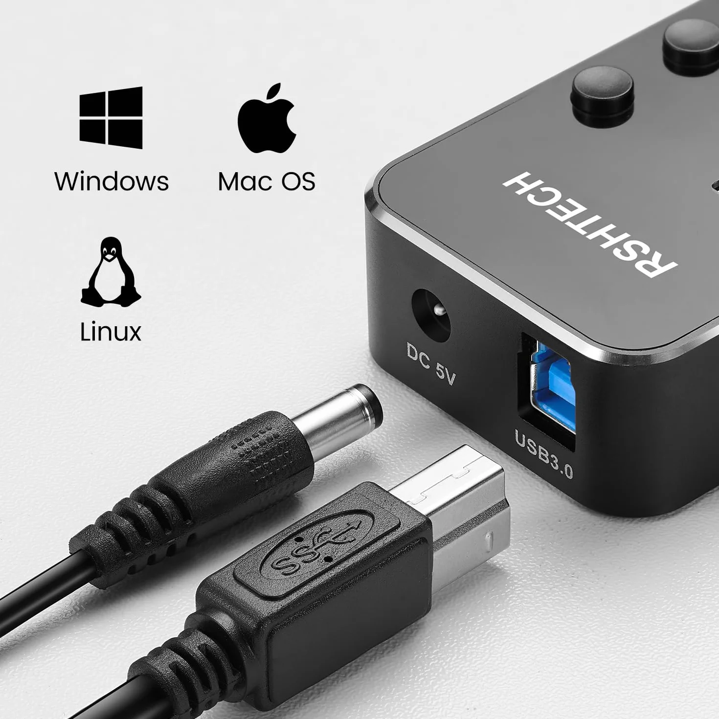 RSHTECH Hub USB 3.0 z 10W Zasilacz Aluminiowy 7 portów USB 3.0 Hub Expander do ładowania i przesyłania danych z adapterem 5V/2A i indywidualnymi włącznikami/wyłącznikami（RSH-518）