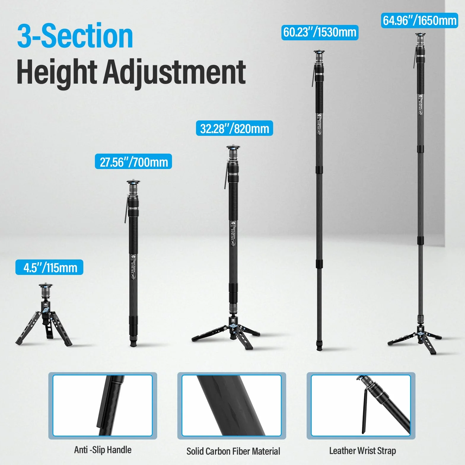 SIRUI SVM-165 Monopod do aparatu fotograficznego, monopod z włókna węglowego 165 cm ze zdejmowaną podstawą statywu, profesjonalny monopod do lustrzanki cyfrowej, kamery, maksymalne obciążenie 10 kg