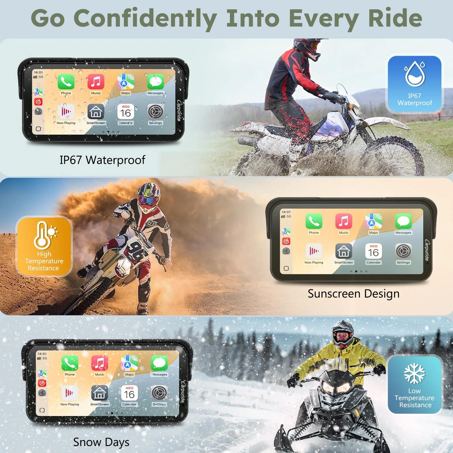 Carpuride W603DT do Motocykli z CarPlay,Android Auto i TPMS – Kamera Samochodowa HD 1080P,6,3-Calowy,Wodoodporny,Obrotowy Ekran Dotykowy do Nawigacji,Bluetooth,Nagrywanie w Pętli, Przewodowy Kontroler
