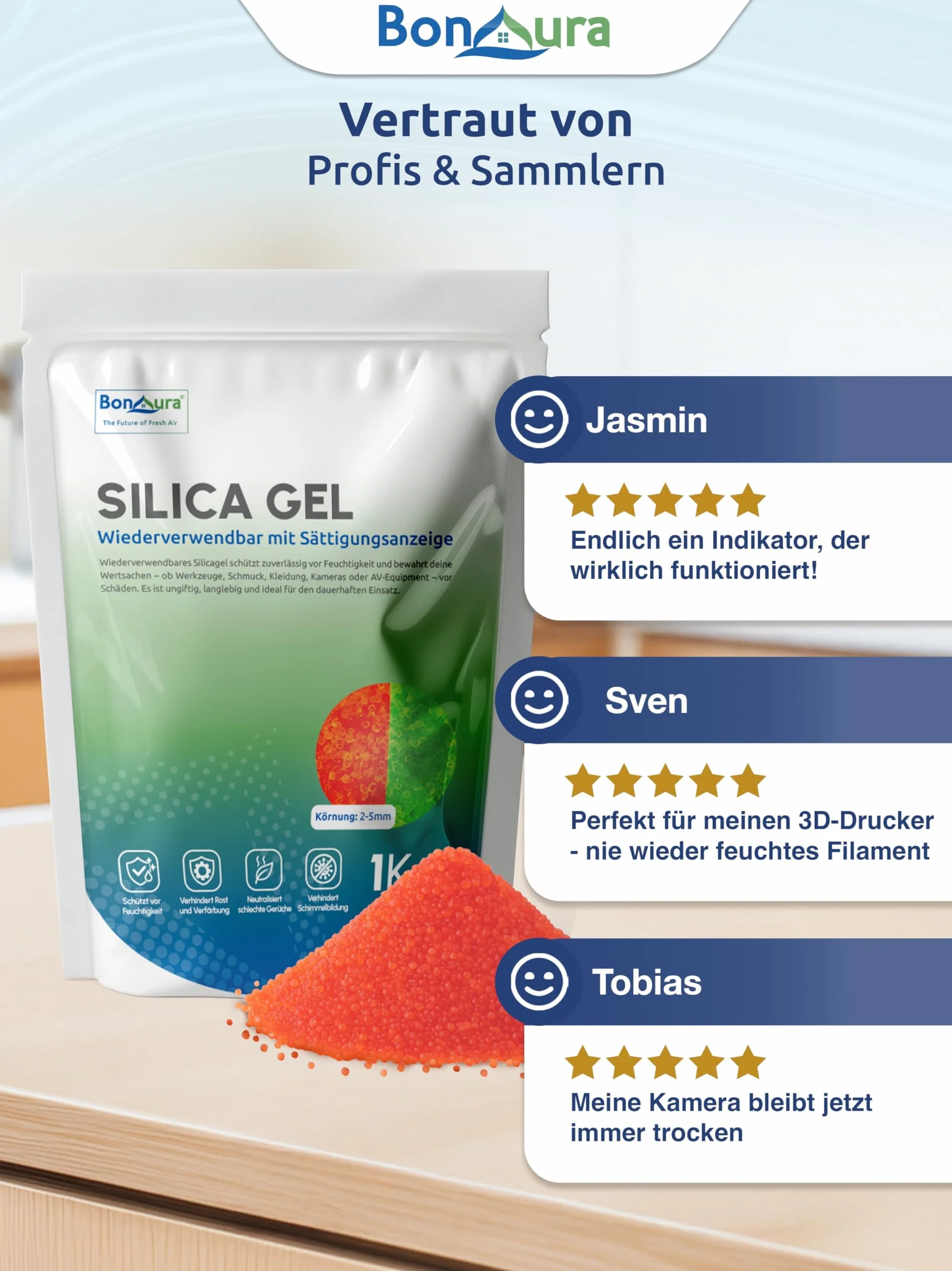 BonAura Żel krzemionkowy 1 kg – kulki krzemionkowe nadają się również jako suszarka filamentowa – silikatowy środek osuszający do regeneracji i wielokrotnego użytku – w hermetycznym woreczku z żelu