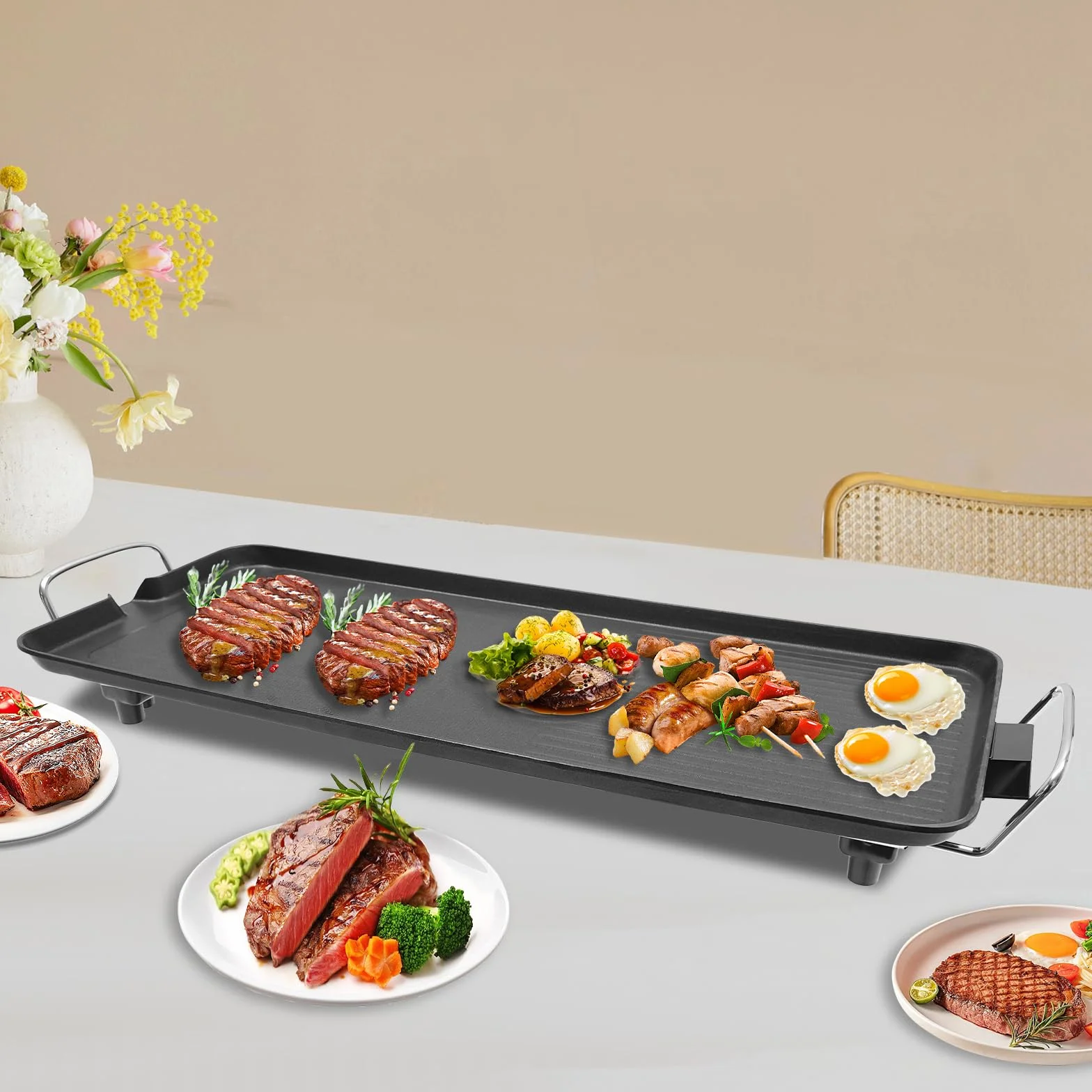Grill elektryczny o mocy 1500 W, żeliwna płyta grillowa 68 x 28 x 7 cm, płaska patelnia grillowa z powłoką zapobiegającą przywieraniu, nadaje się do użytku na zewnątrz, do ogrodu, na piknik i kemping