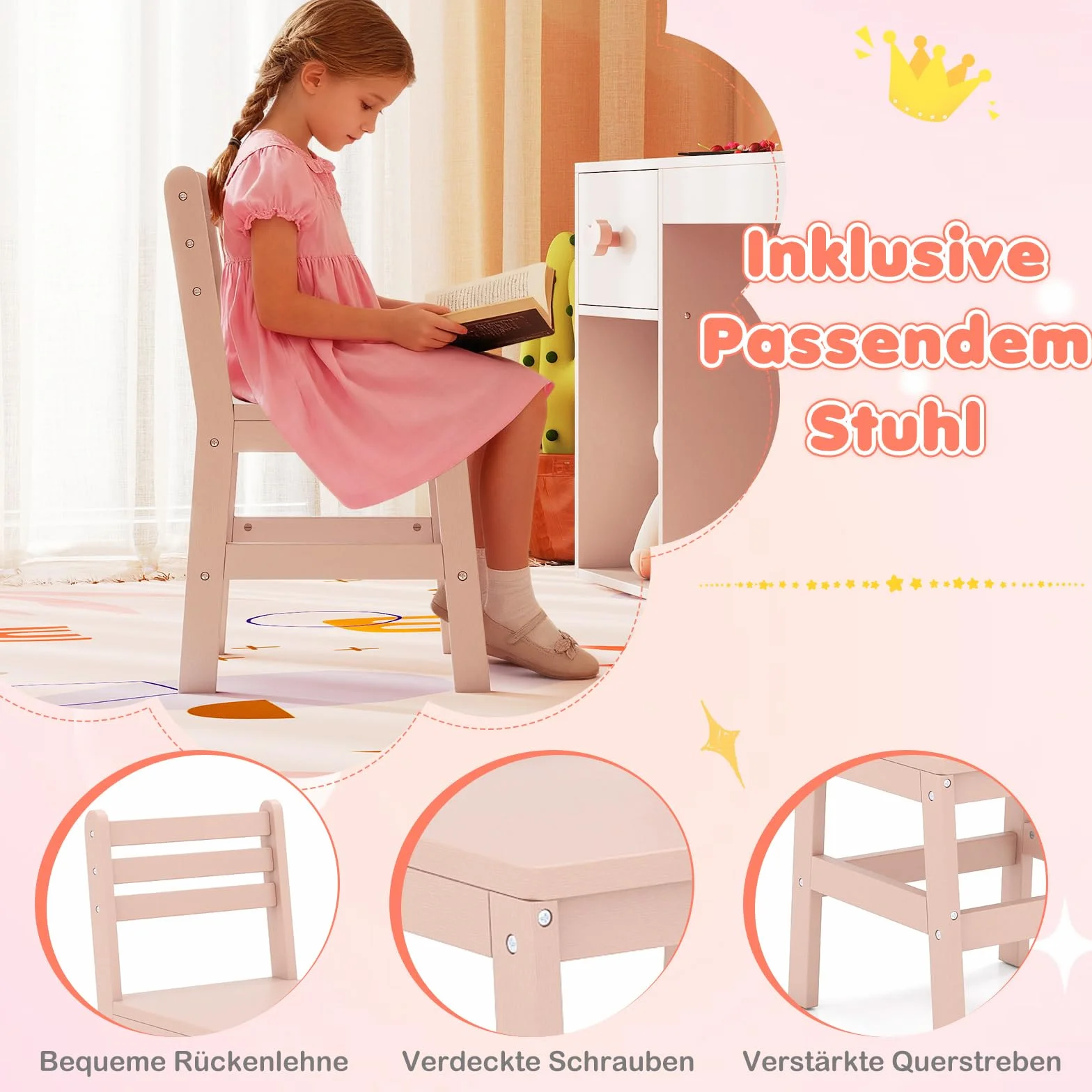 COSTWAY Toaletka dla dzieci 2 w 1 z oświetleniem, drewniana, różowa