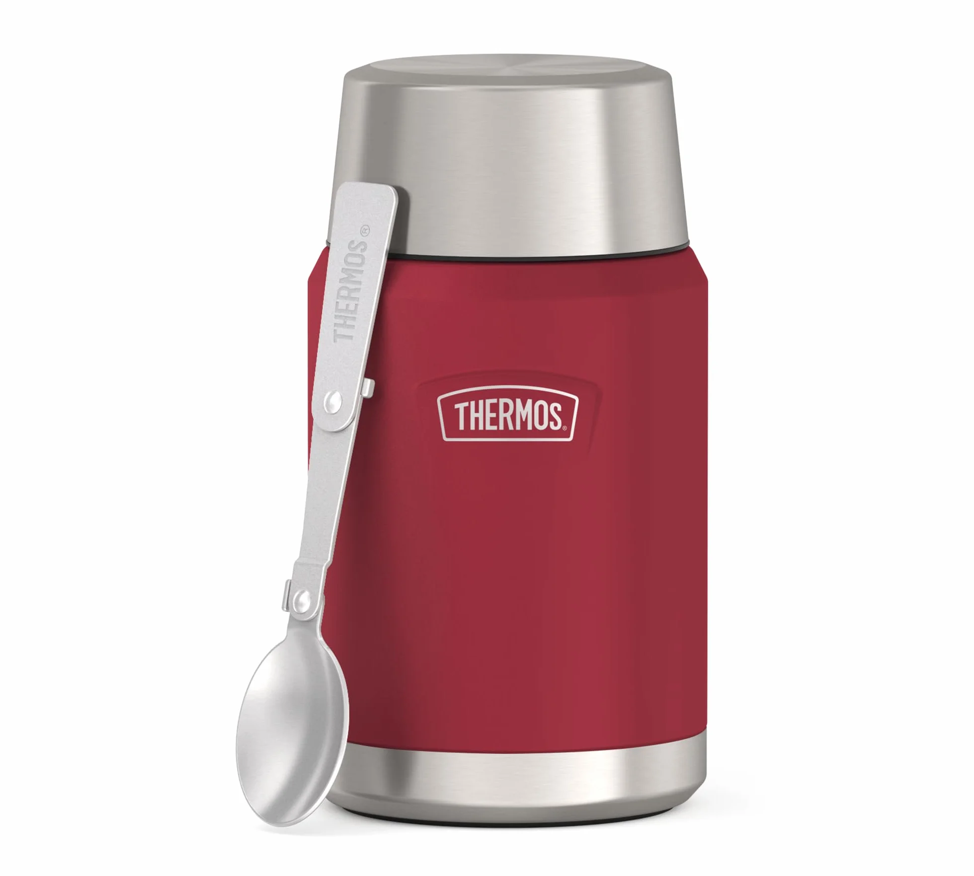 Thermos ICON Food Jar 0,71 l, czerwony/jagodowy mat, naczynie na jedzenie 710 ml, podwójne ścianki ze stali nierdzewnej 18/8, utrzymuje ciepło i zimno, ze składaną łyżką, antypoślizgowe dno,