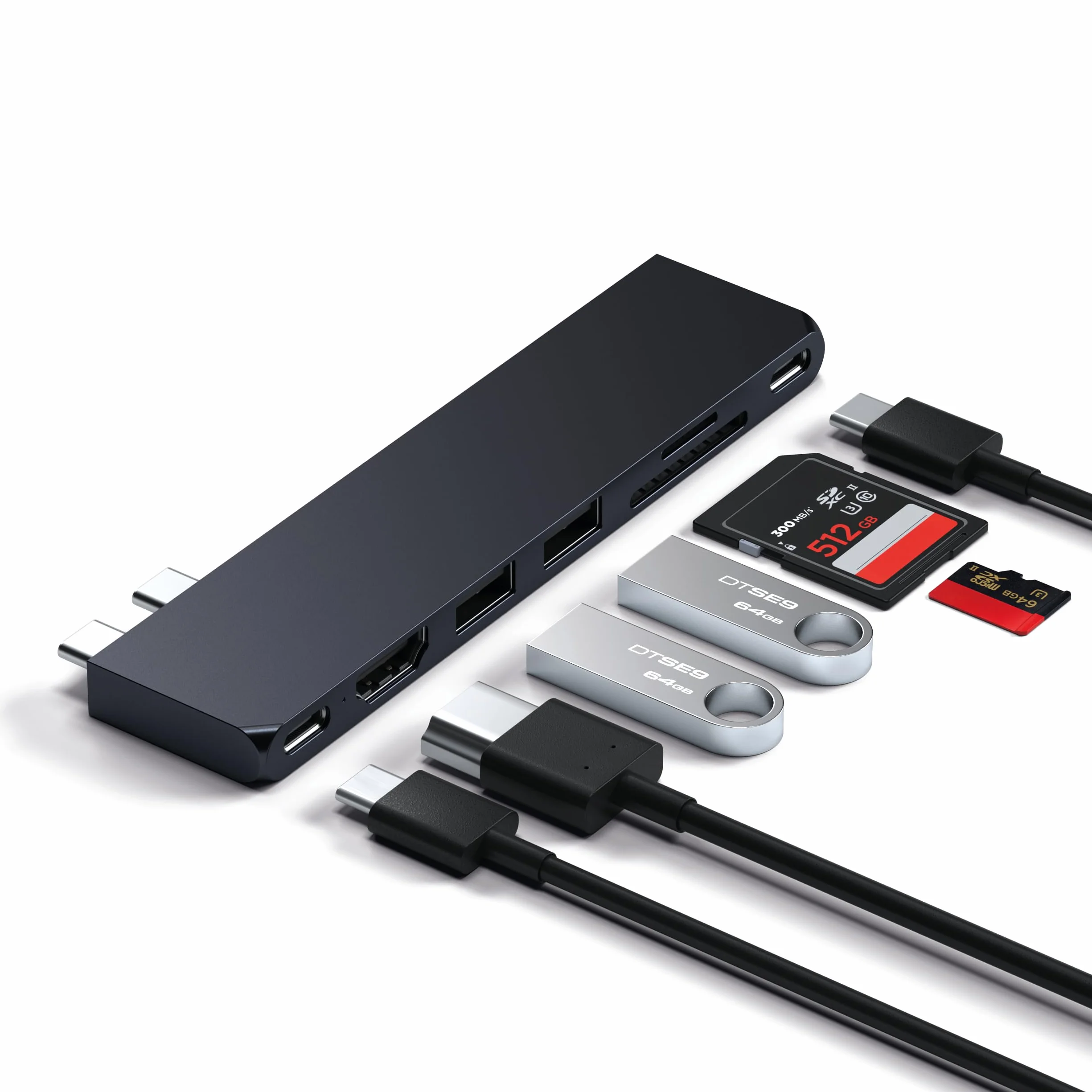 SATECHI 7-w-1 podwójny koncentrator USB-C Pro Slim USB4 z 6K@60Hz 40 Gb/s, 100 W PD, 2x USB-A i 1x USB-C 10 Gb/s, HDMI 4K@60Hz i czytnikami kart SD/MicroSD dla MacBook Air/Pro/Neo – północ