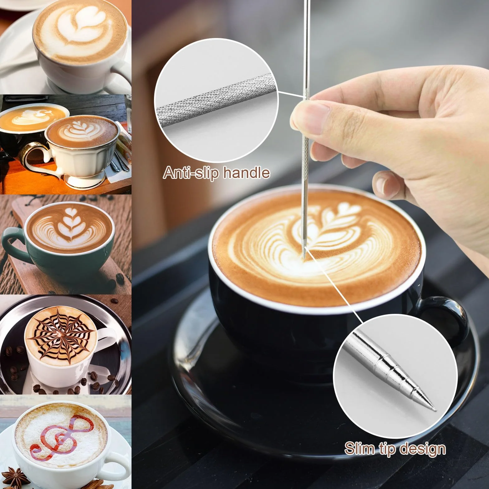 Metalowy spieniacz do mleka 350 ml z piórem Latte Art i 16 plastikowymi szablonami do kawy, dzbanek do gotowania na parze ze stali nierdzewnej 304 zawiera wewnętrzne linie pomiarowe, dzbanek do